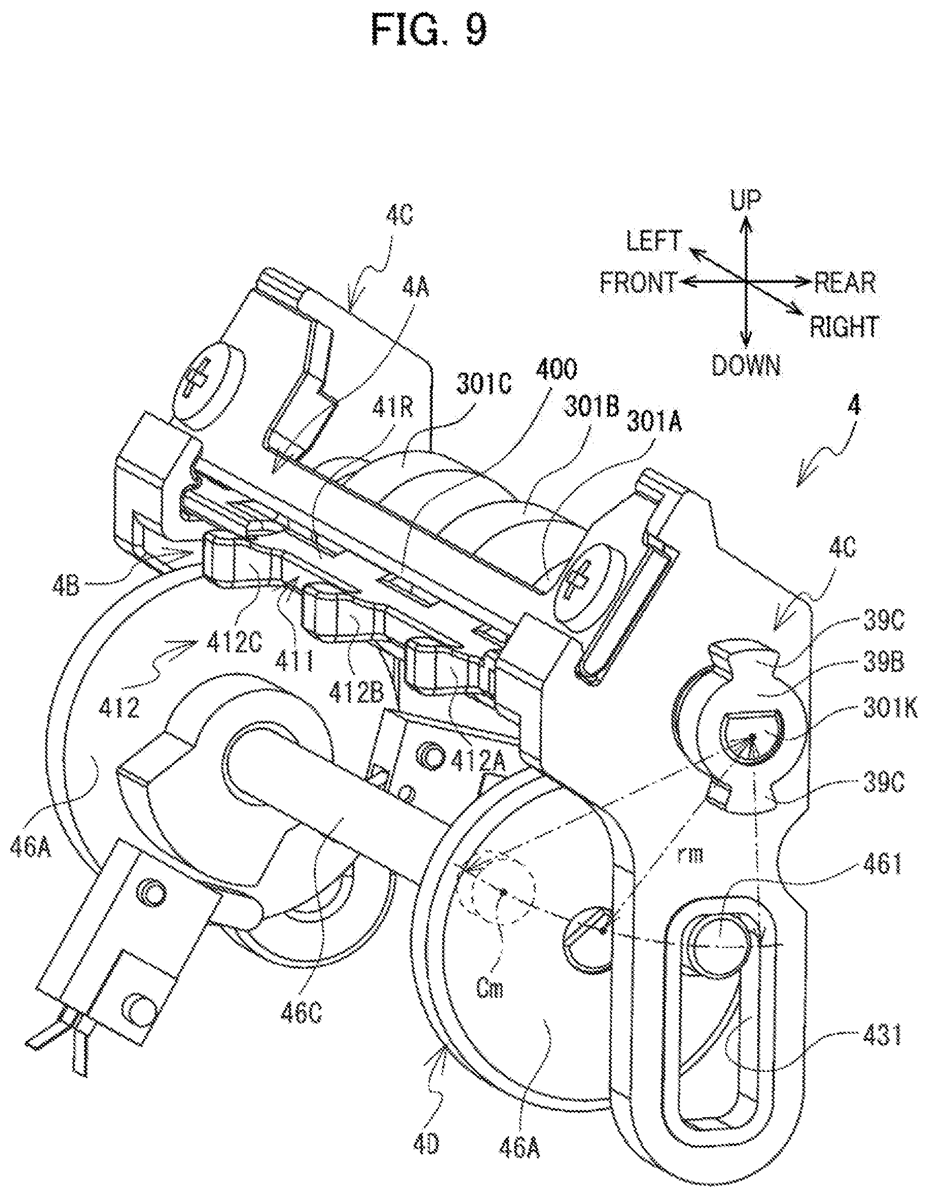 Patent US12617575 Figure 9 – Label affixing device including peeling part peeling label off release material, affixing part affixing label to adherend, and discharge part through which release material is discharged