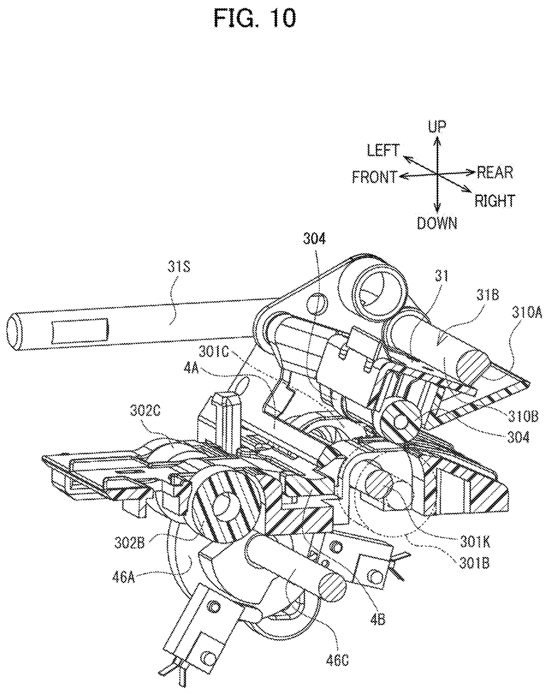 Patent US12617575 Figure 10 – Label affixing device including peeling part peeling label off release material, affixing part affixing label to adherend, and discharge part through which release material is discharged