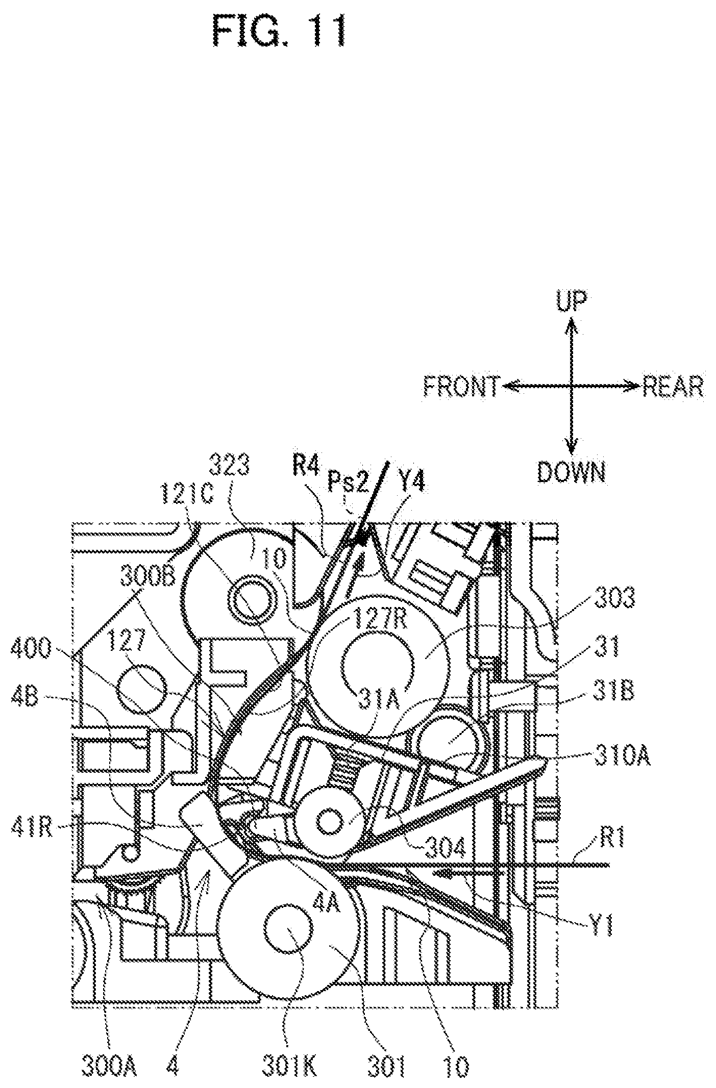 Patent US12617575 Figure 11 – Label affixing device including peeling part peeling label off release material, affixing part affixing label to adherend, and discharge part through which release material is discharged