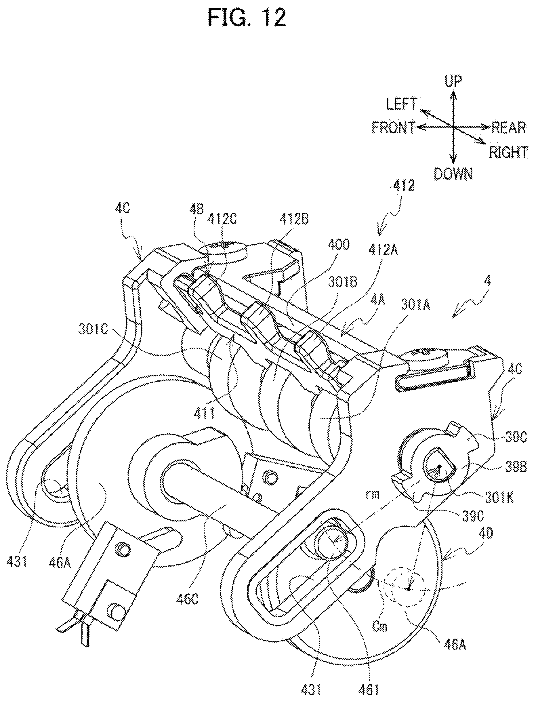 Patent US12617575 Figure 12 – Label affixing device including peeling part peeling label off release material, affixing part affixing label to adherend, and discharge part through which release material is discharged