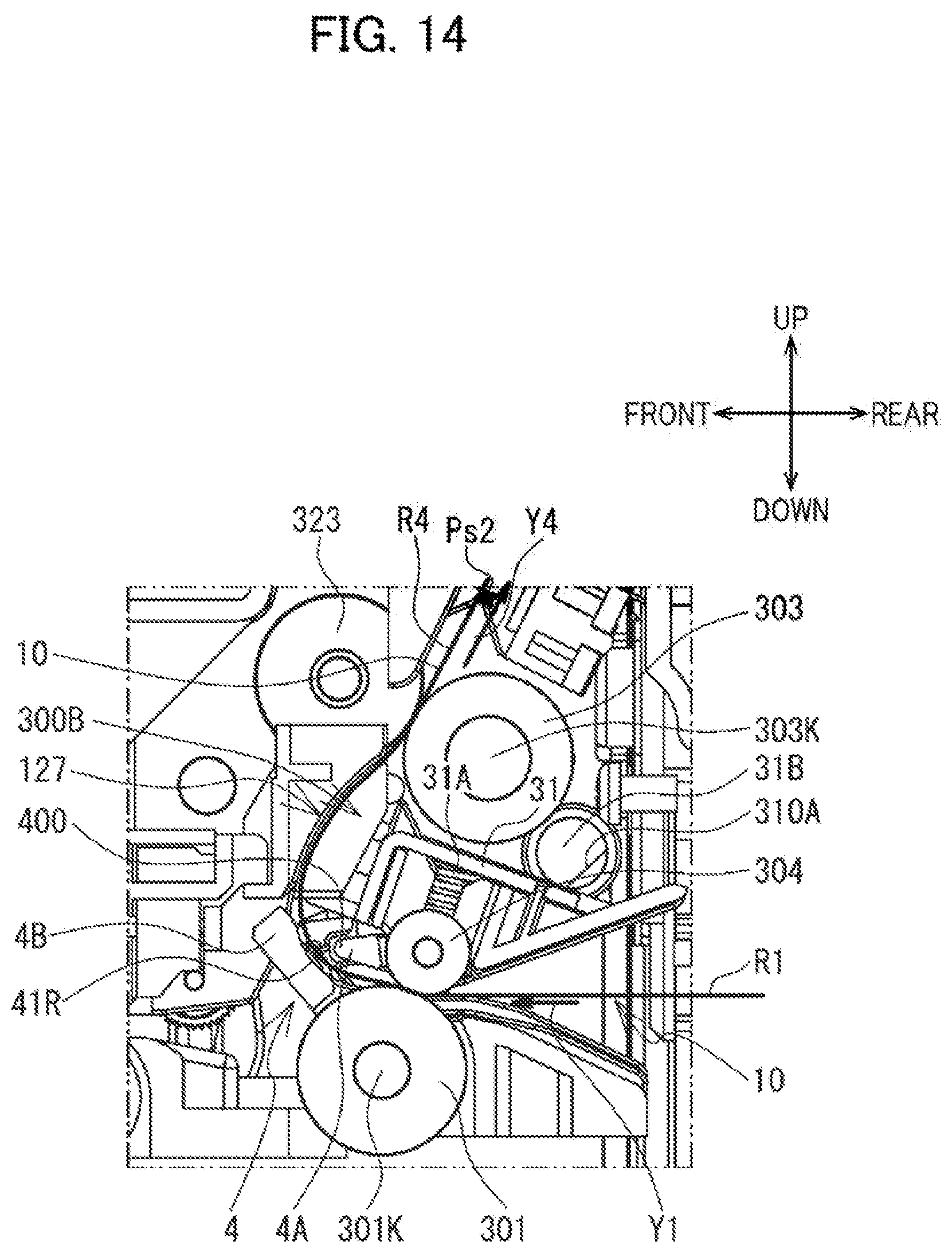 Patent US12617575 Figure 14 – Label affixing device including peeling part peeling label off release material, affixing part affixing label to adherend, and discharge part through which release material is discharged