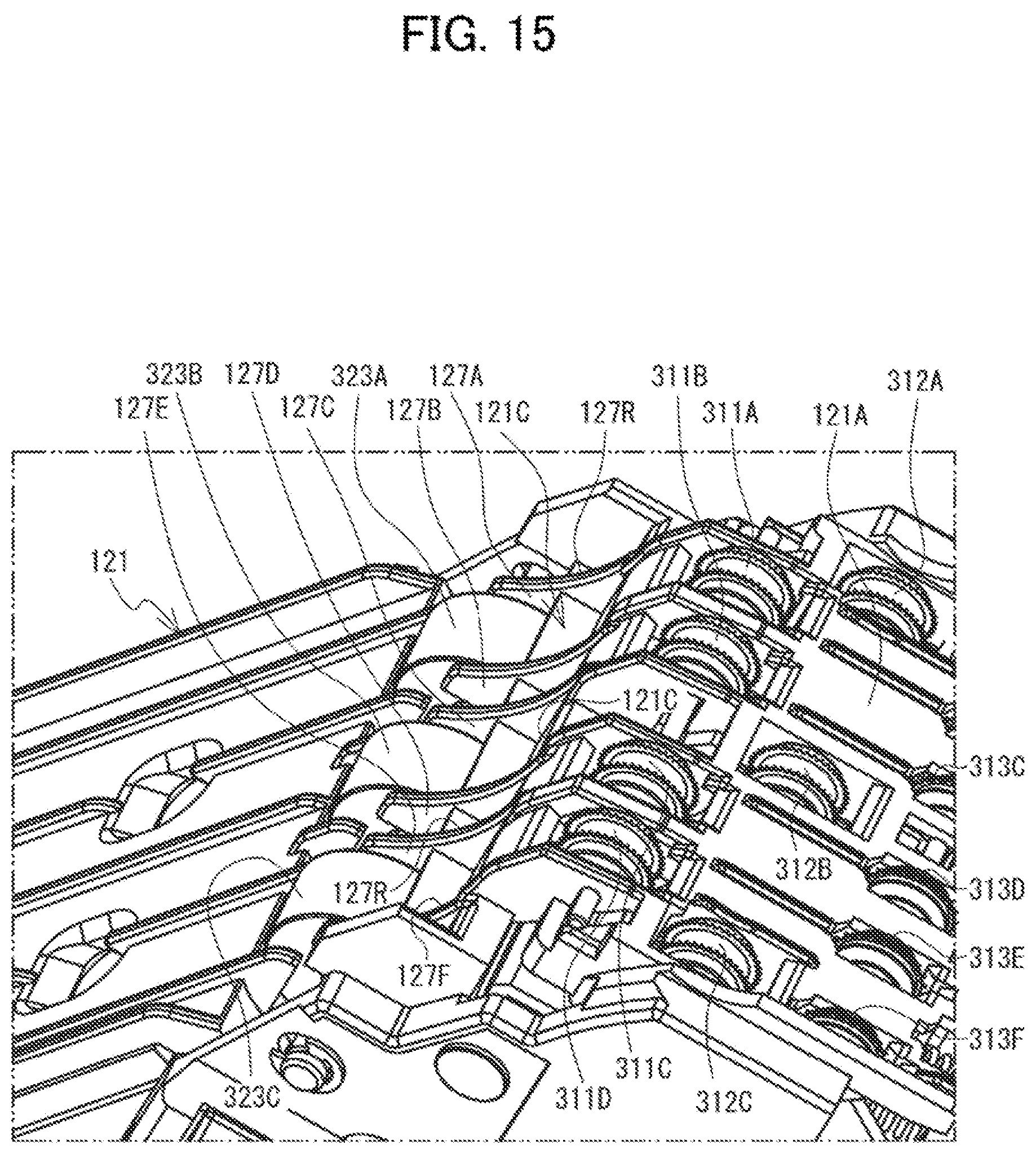 Patent US12617575 Figure 15 – Label affixing device including peeling part peeling label off release material, affixing part affixing label to adherend, and discharge part through which release material is discharged