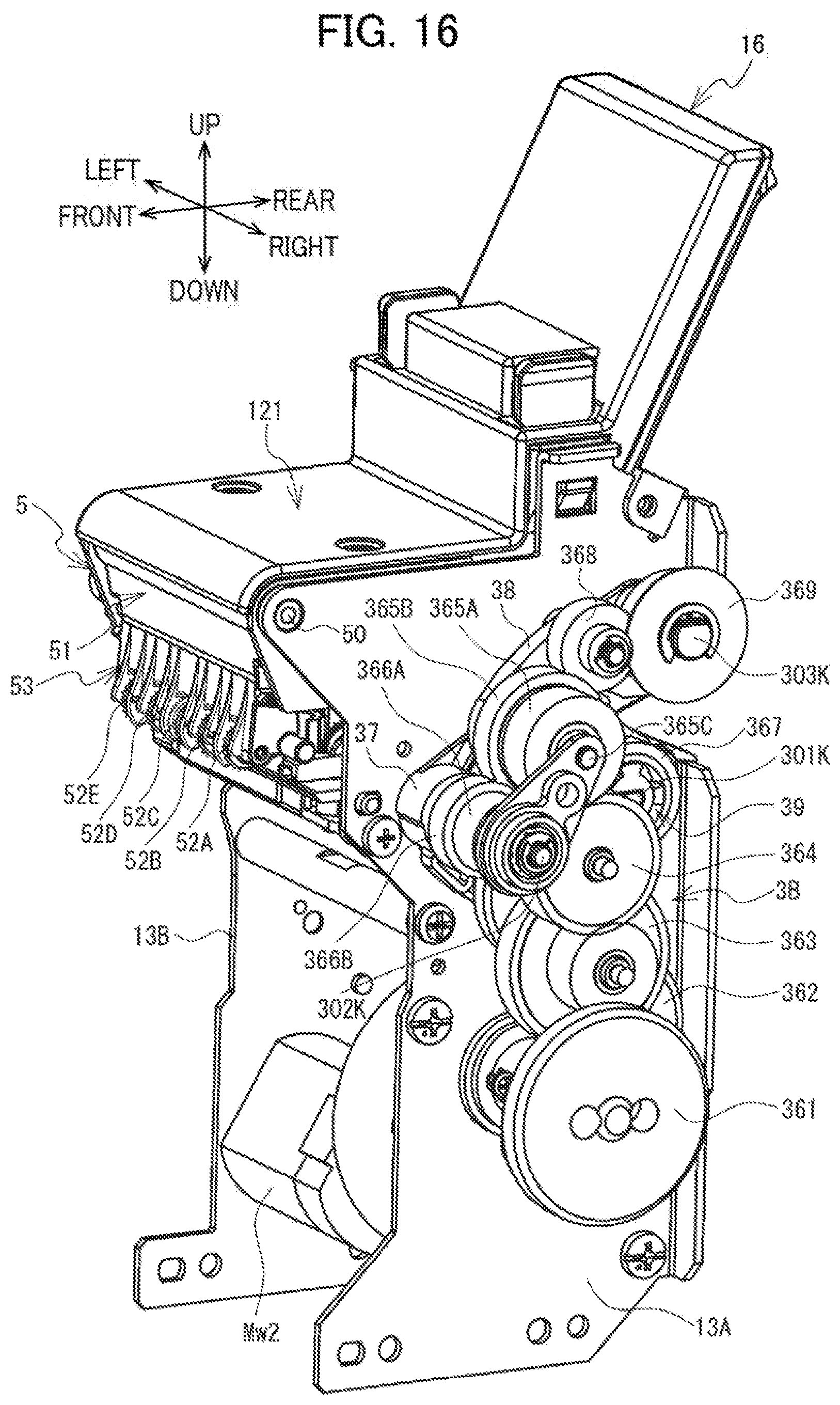 Patent US12617575 Figure 16 – Label affixing device including peeling part peeling label off release material, affixing part affixing label to adherend, and discharge part through which release material is discharged
