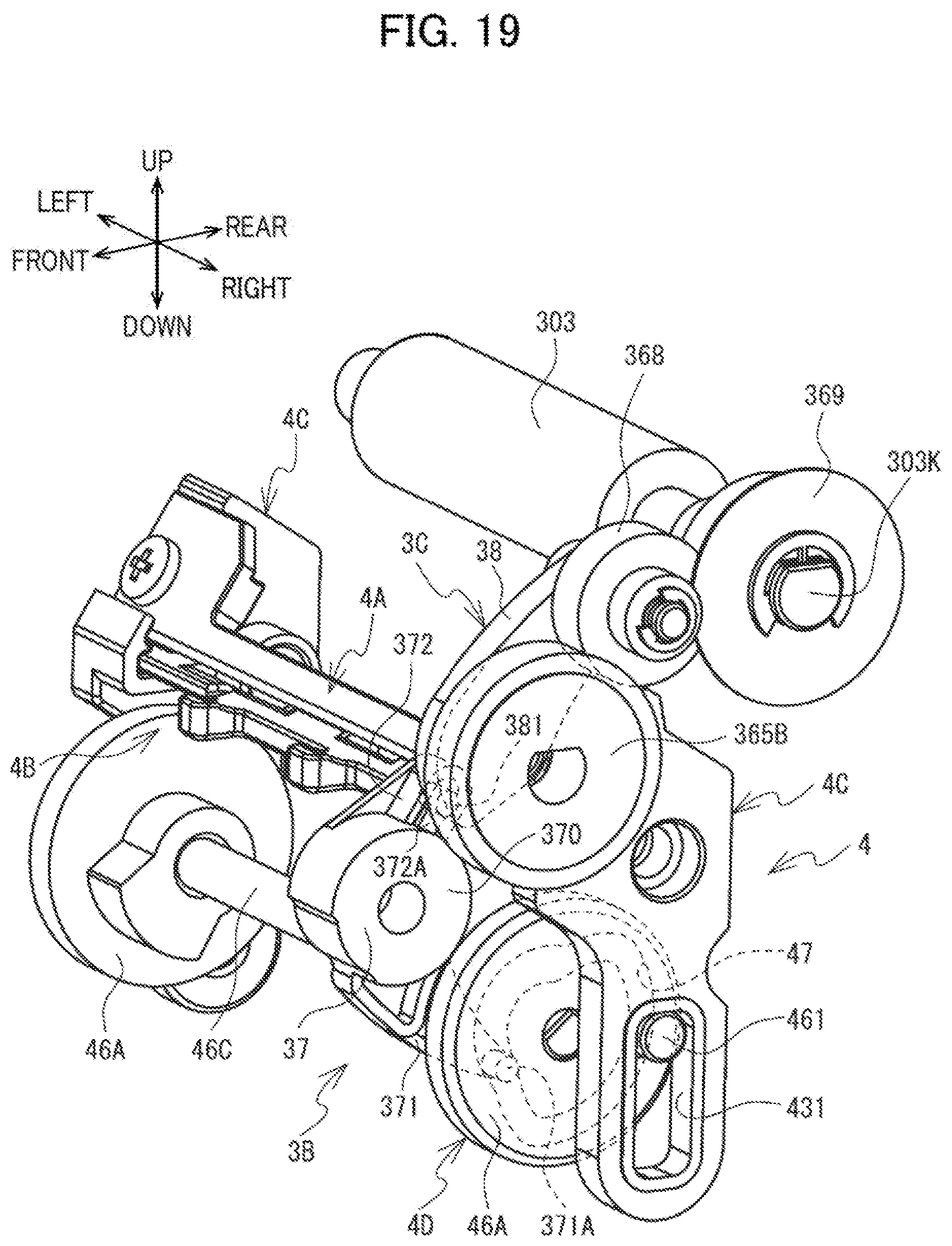 Patent US12617575 Figure 19 – Label affixing device including peeling part peeling label off release material, affixing part affixing label to adherend, and discharge part through which release material is discharged