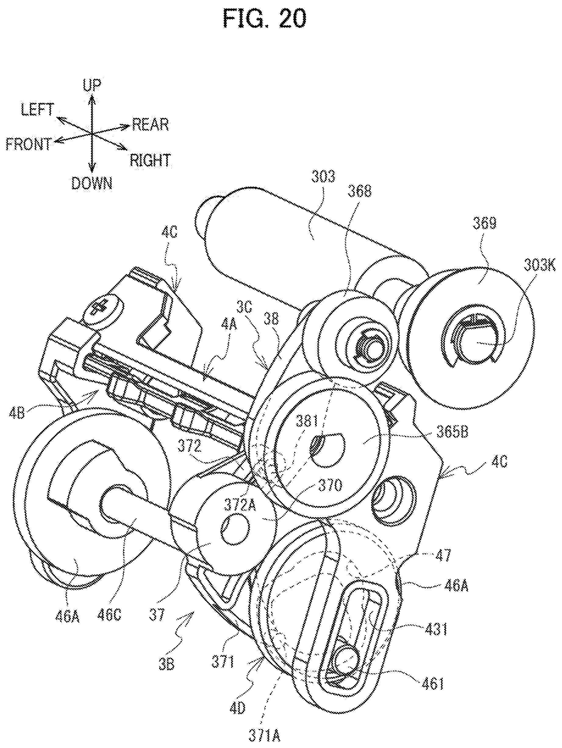 Patent US12617575 Figure 20 – Label affixing device including peeling part peeling label off release material, affixing part affixing label to adherend, and discharge part through which release material is discharged