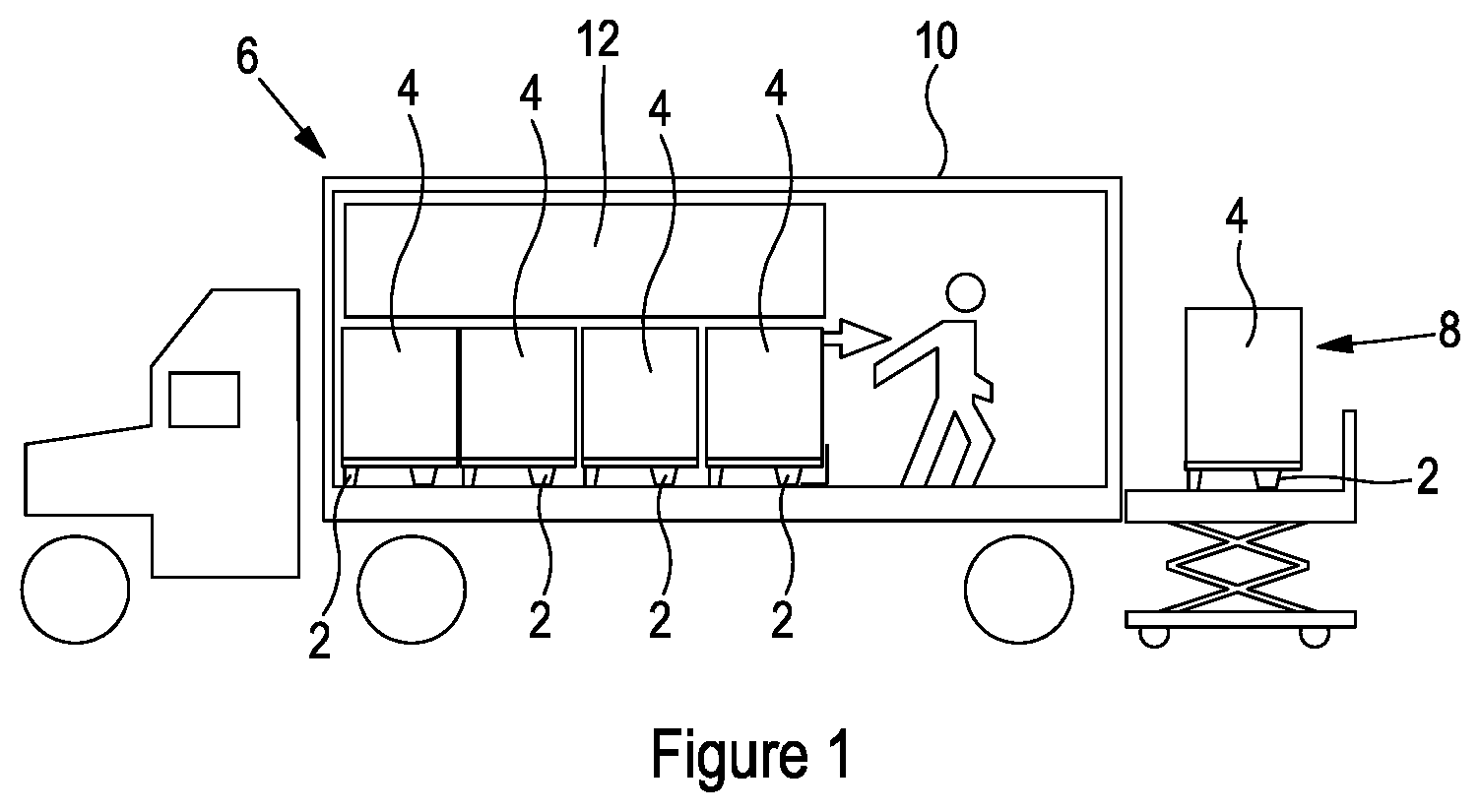 Patent US12617582 Figure 1 – Adjustable elevated stacking pallet support member and methods of elevated stacking of pallets