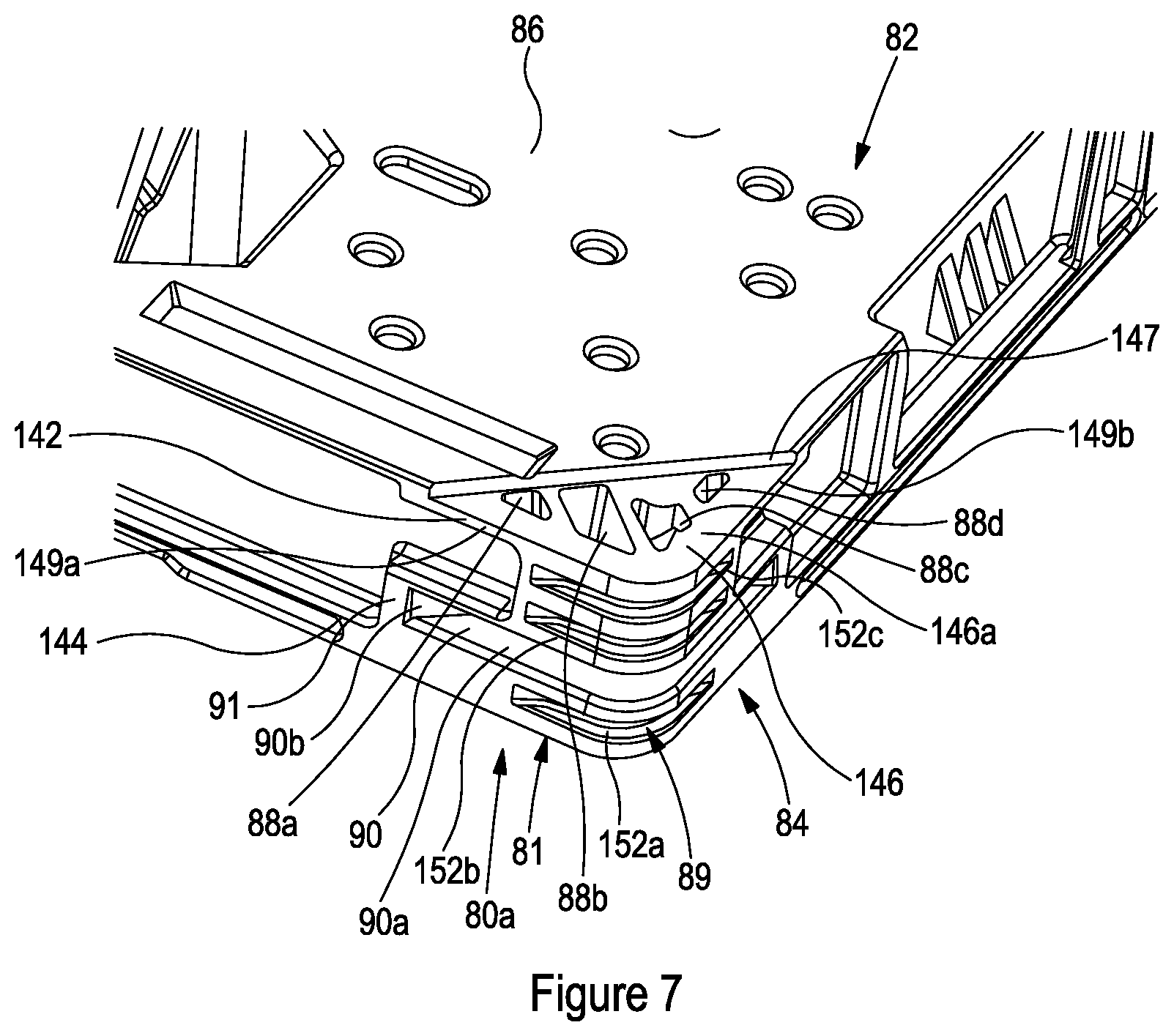 Patent US12617582 Figure 7 – Adjustable elevated stacking pallet support member and methods of elevated stacking of pallets