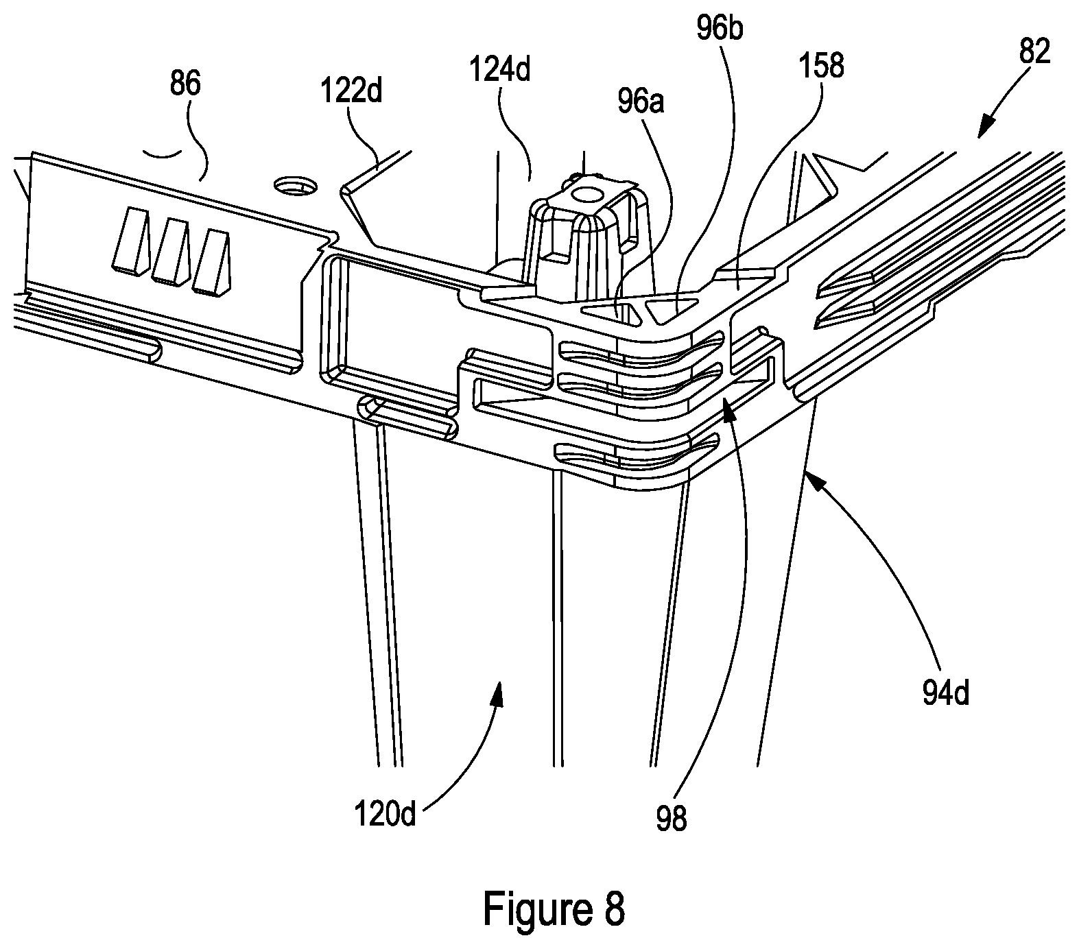 Patent US12617582 Figure 8 – Adjustable elevated stacking pallet support member and methods of elevated stacking of pallets