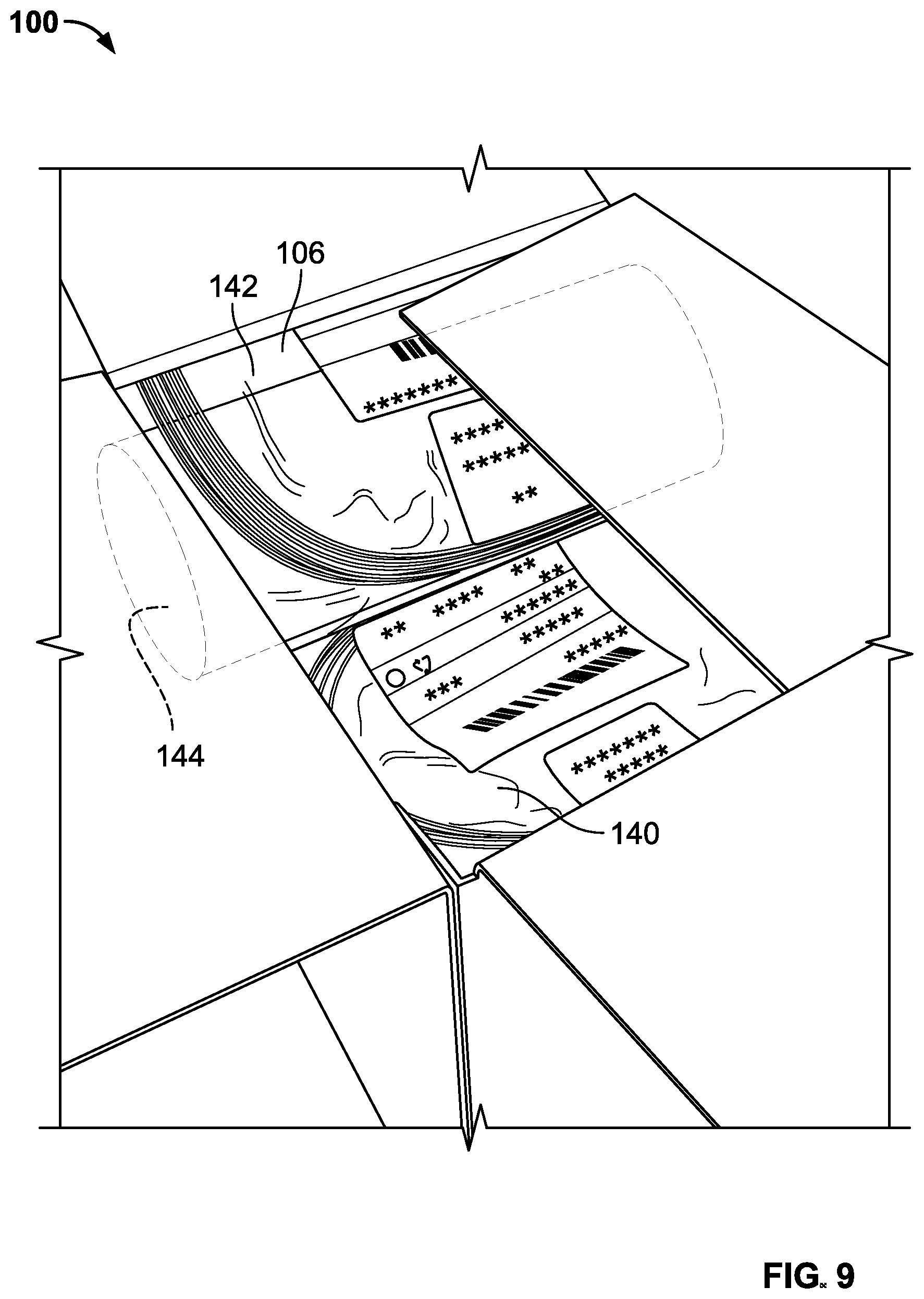 Patent US12617601 Figure 8 – Dispenser for a continuous strip of a substrate supporting bend-sensitive items