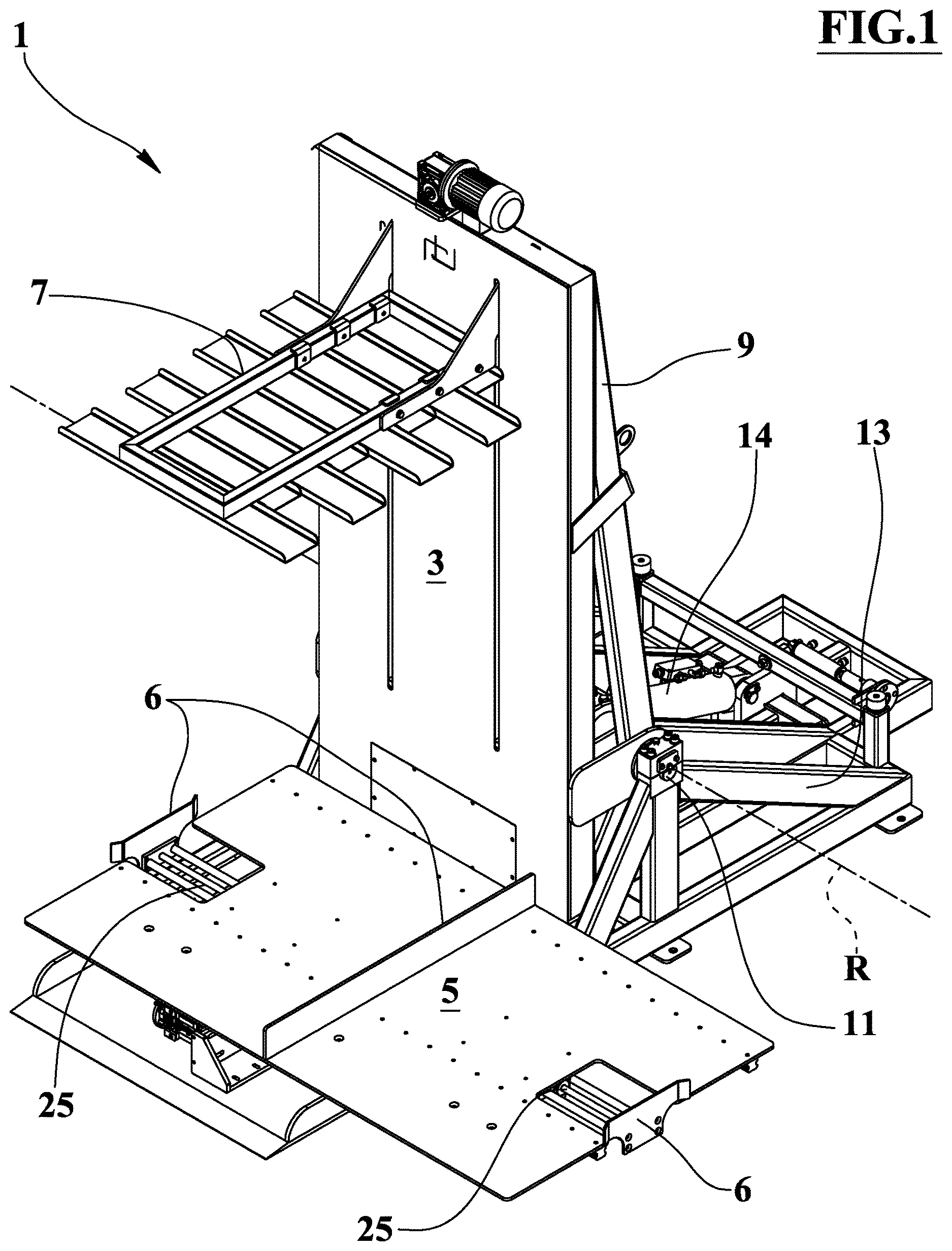 Patent US12617621 Figure 1 – Device for replacing a pallet