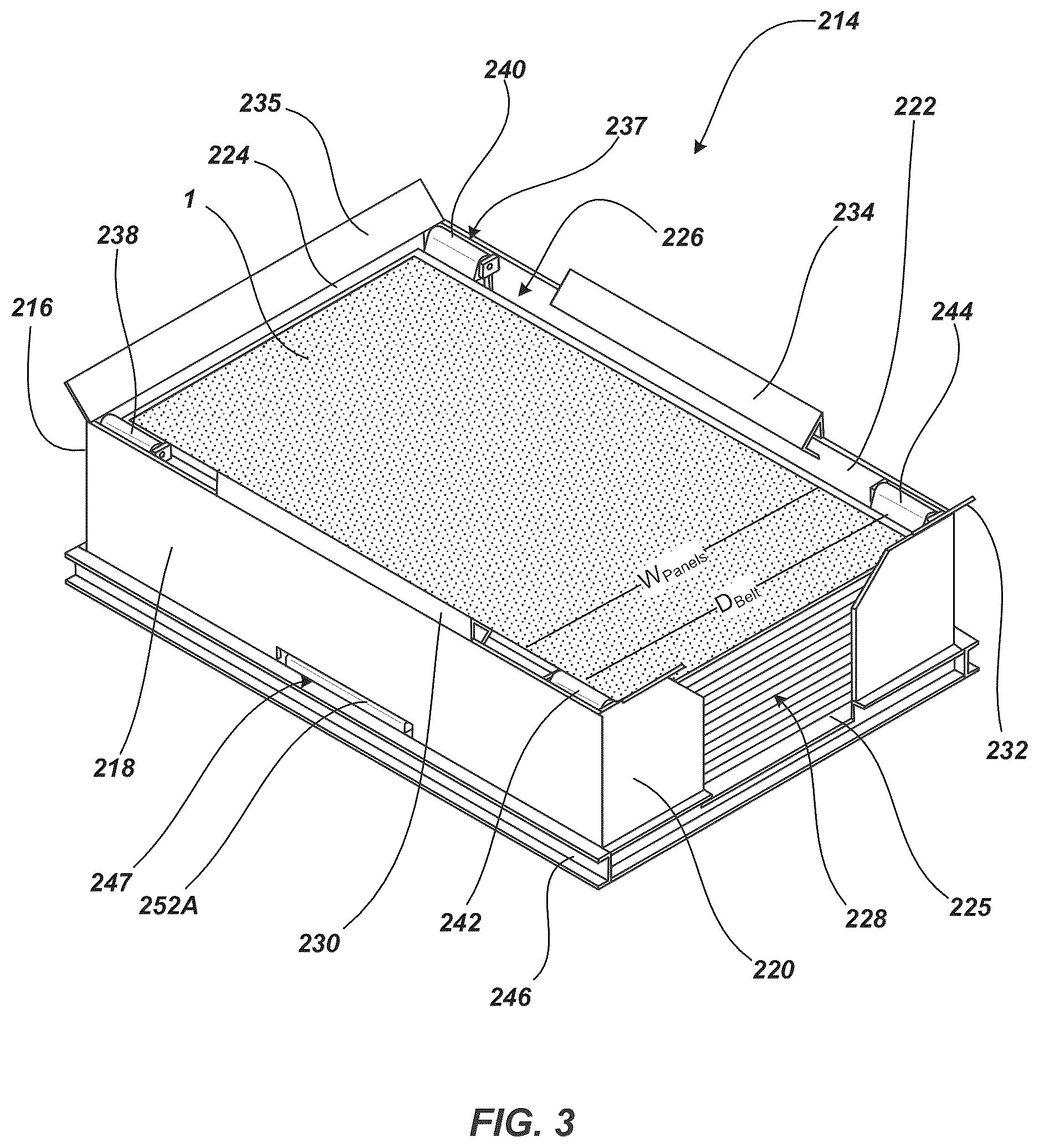 Patent US12617639 Figure 3 – Dispensing hopper and presentation system for overhead installation of solar panels for a solar tracking system