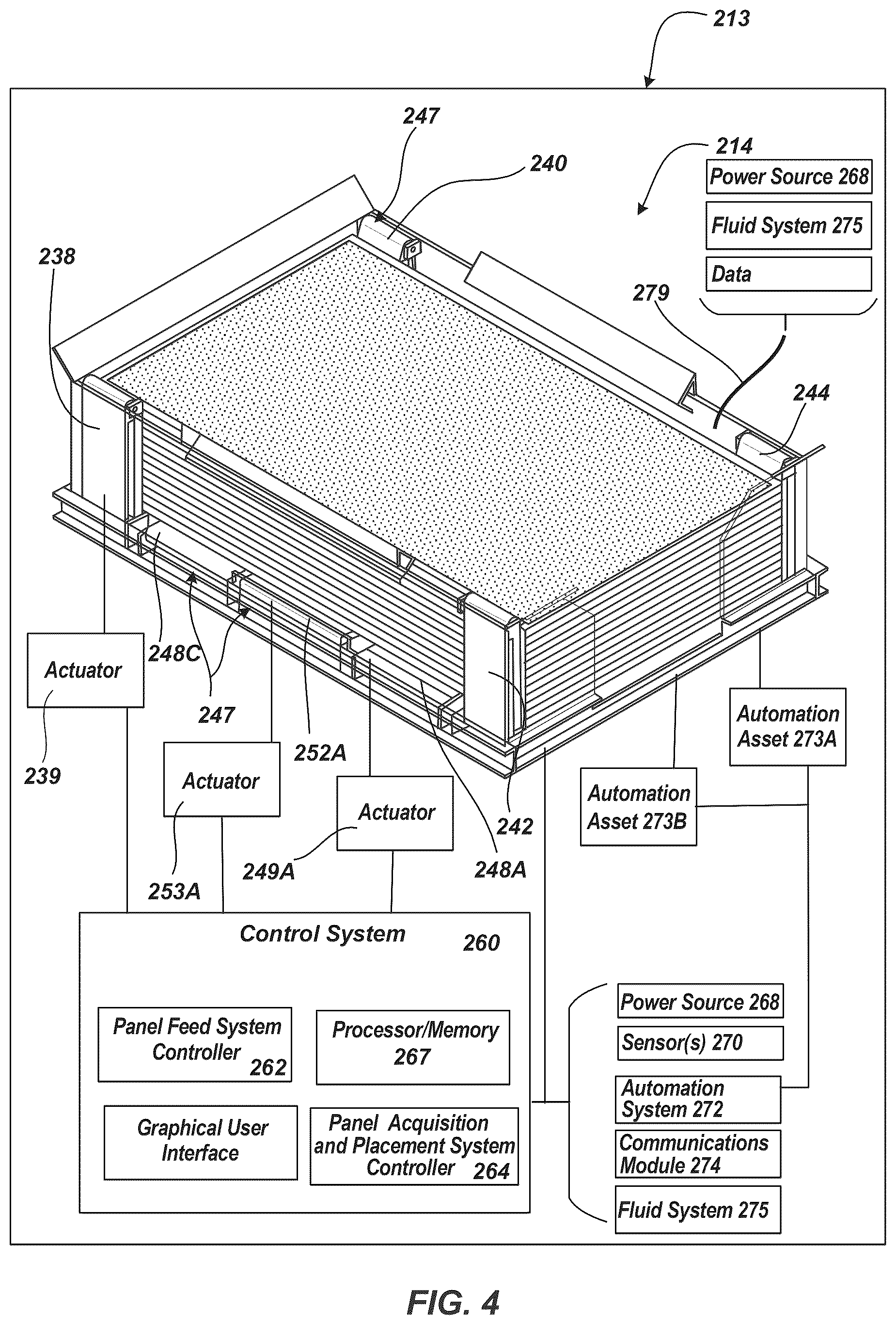 Patent US12617639 Figure 4 – Dispensing hopper and presentation system for overhead installation of solar panels for a solar tracking system