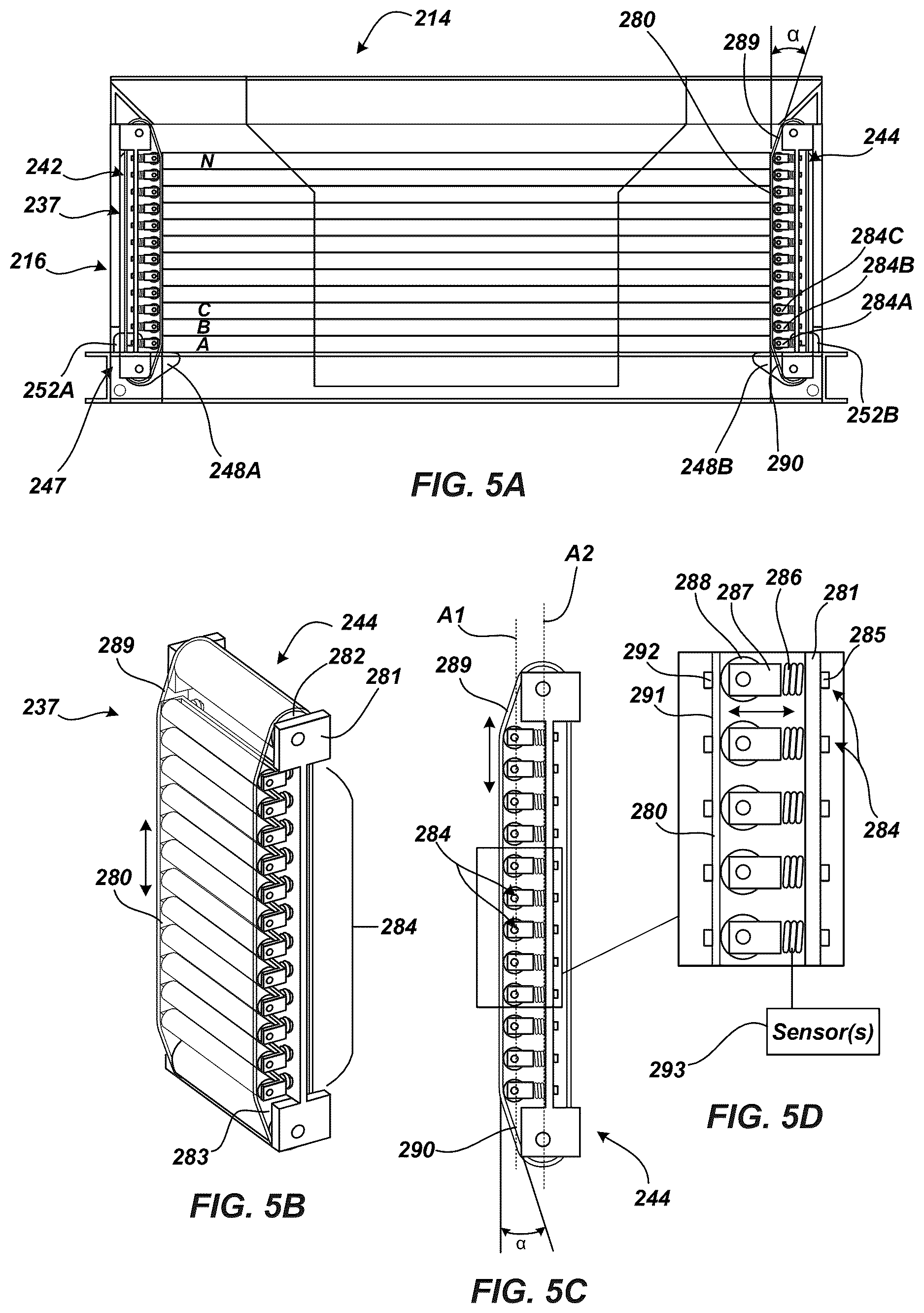 Patent US12617639 Figure 5 – Dispensing hopper and presentation system for overhead installation of solar panels for a solar tracking system