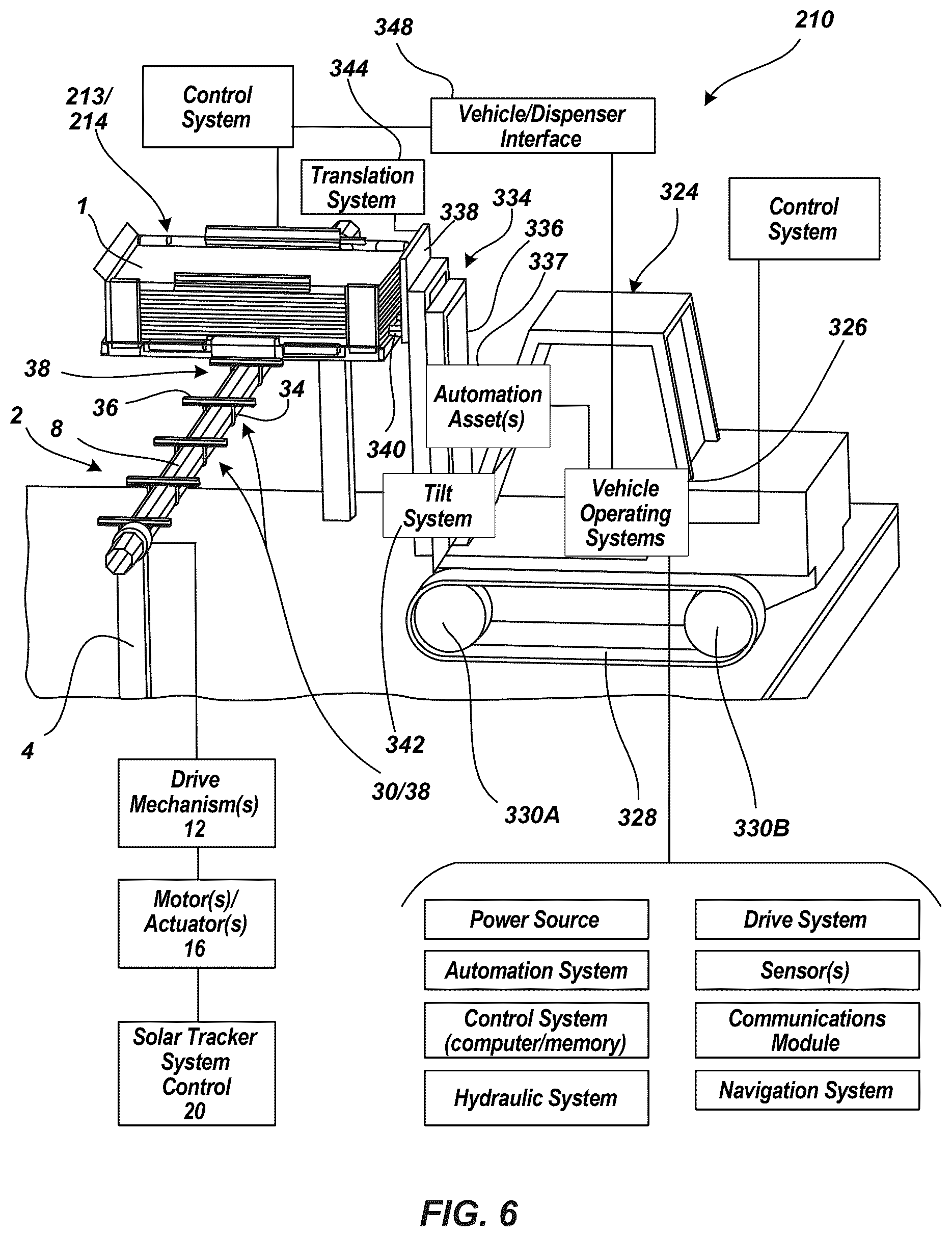 Patent US12617639 Figure 6 – Dispensing hopper and presentation system for overhead installation of solar panels for a solar tracking system