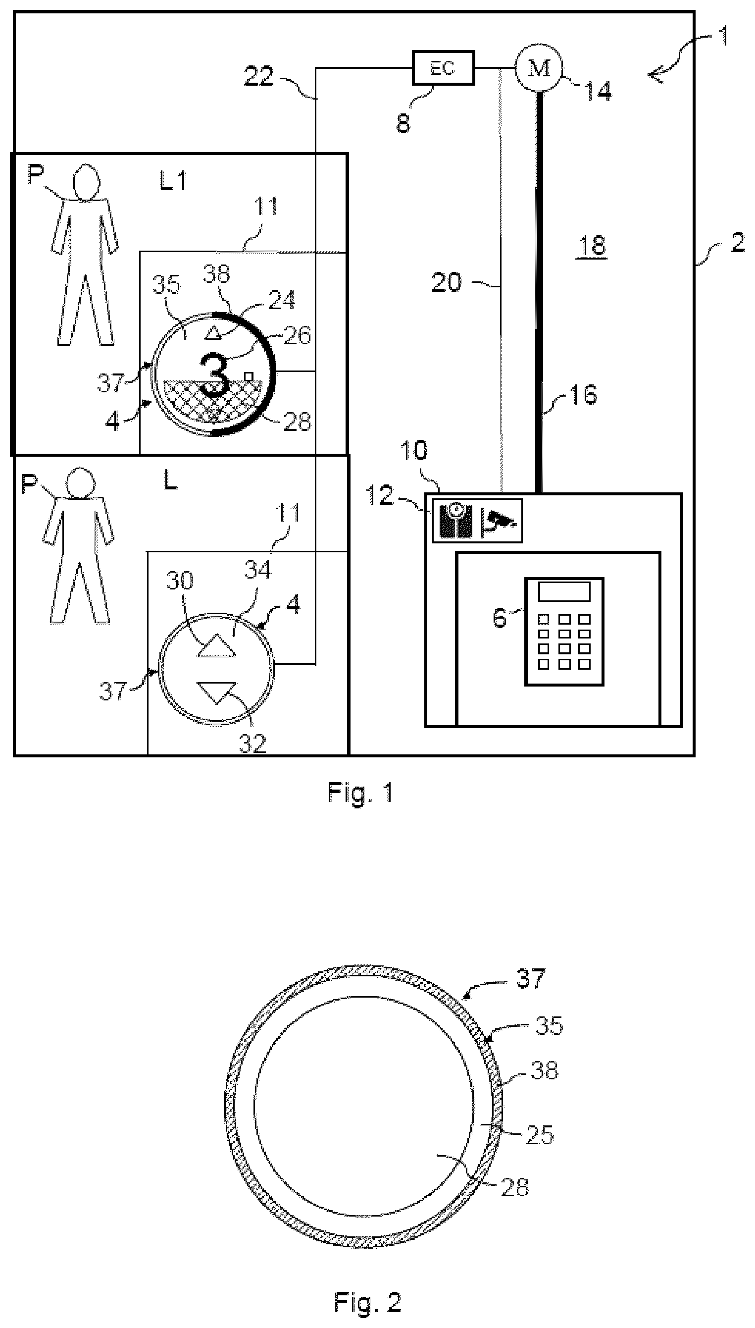 Patent US12617653 Figure 1 – Elevator operating device with waiting time and occupancy symbolizations