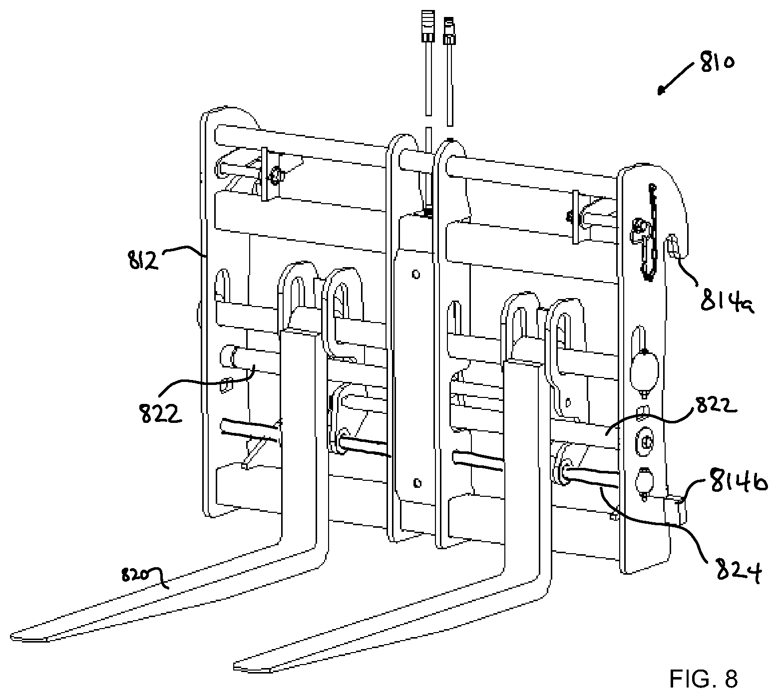 Patent US12617660 Figure 6 – Side-shift fork carriage for a material handling machine