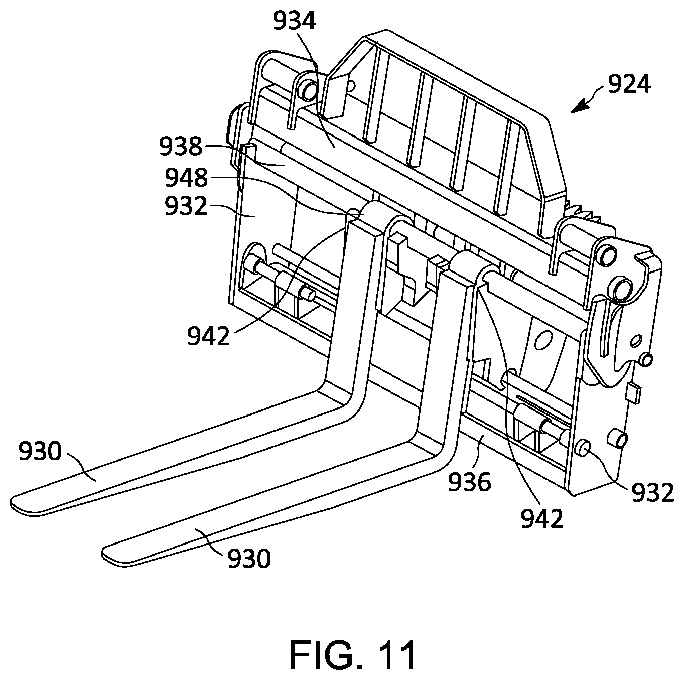 Patent US12617660 Figure 8 – Side-shift fork carriage for a material handling machine