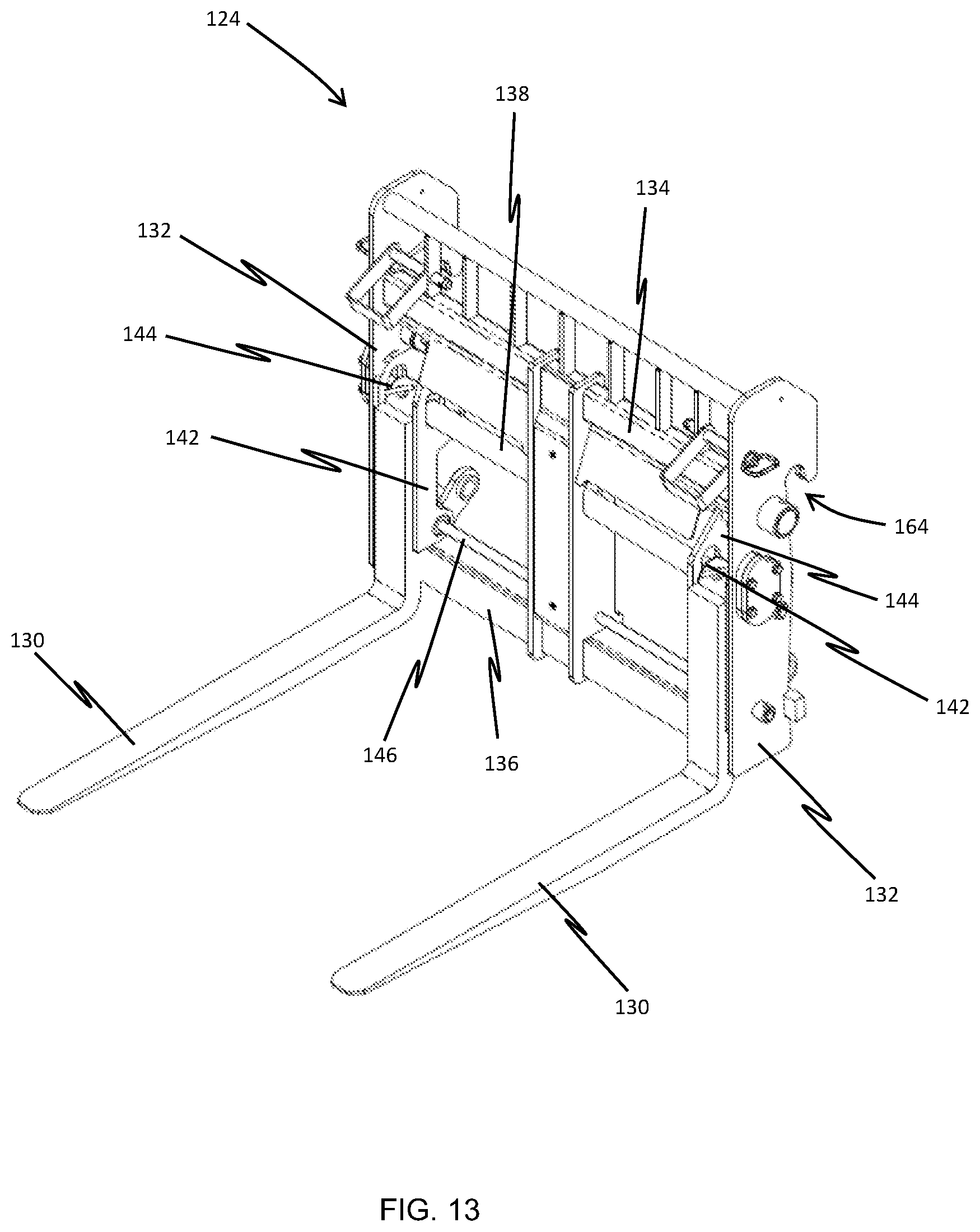 Patent US12617660 Figure 10 – Side-shift fork carriage for a material handling machine