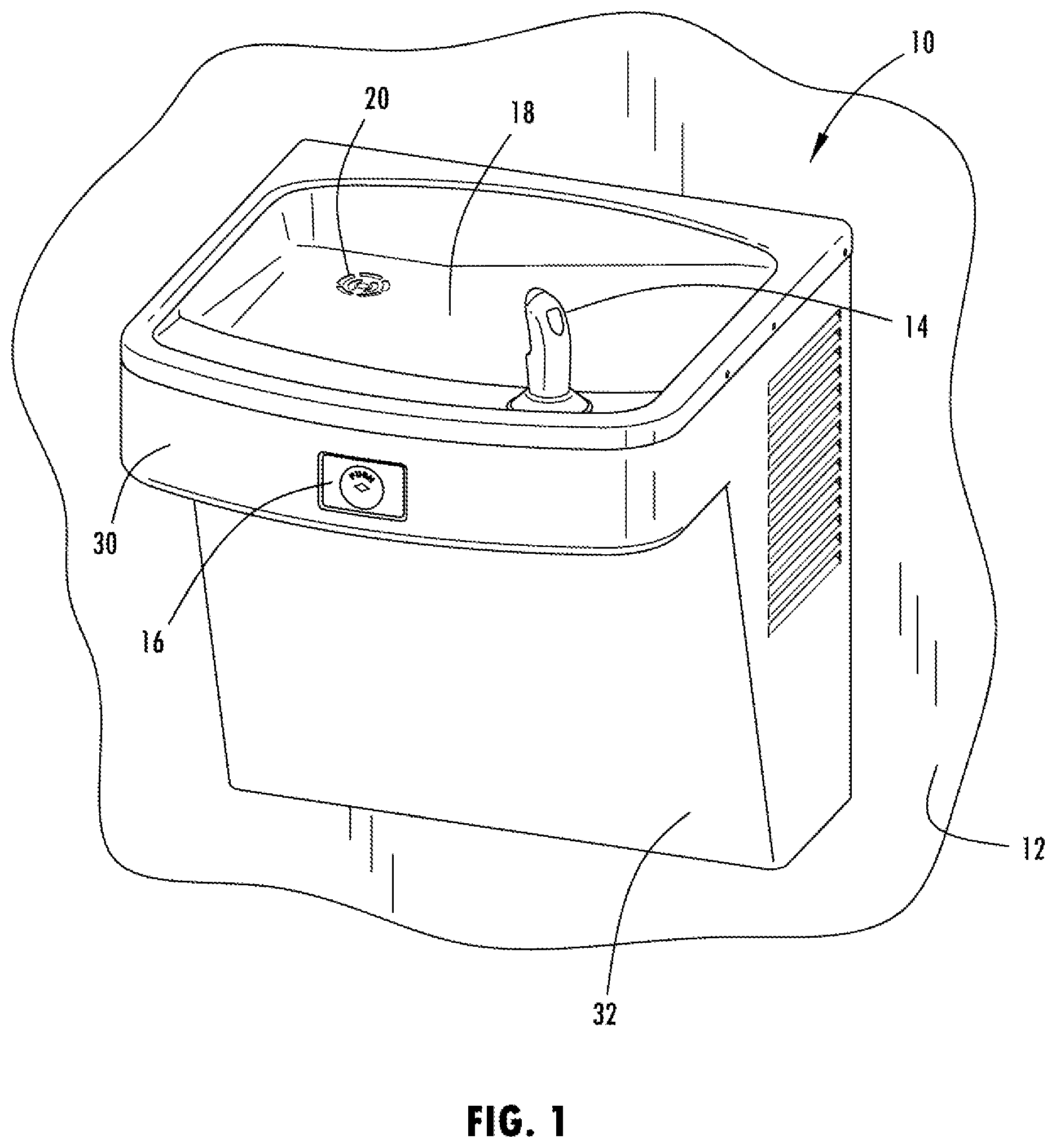 Patent US12617663 Figure 1 – Compact water bottle filling station and retrofitting method