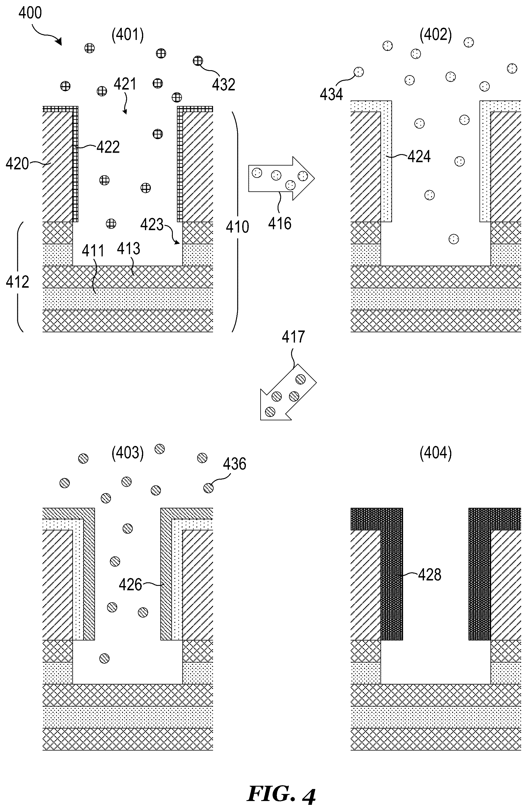 Patent US12618154 Figure 4 – Selective non-plasma deposition of mask protection material