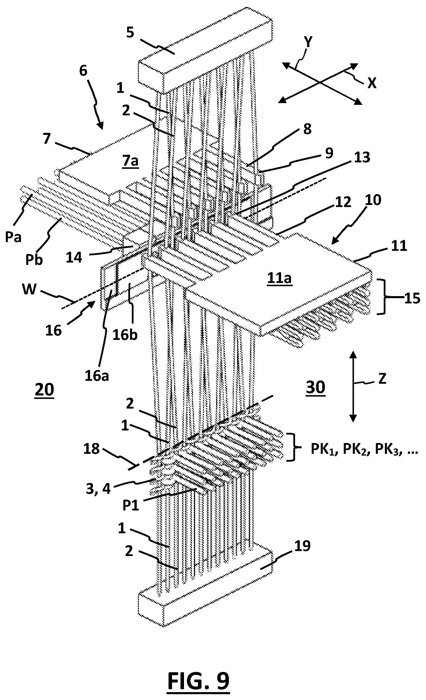 Patent US12618178 Figure 9 – Weaving machine and method for manufacturing pile fabrics with knotted pile yarns