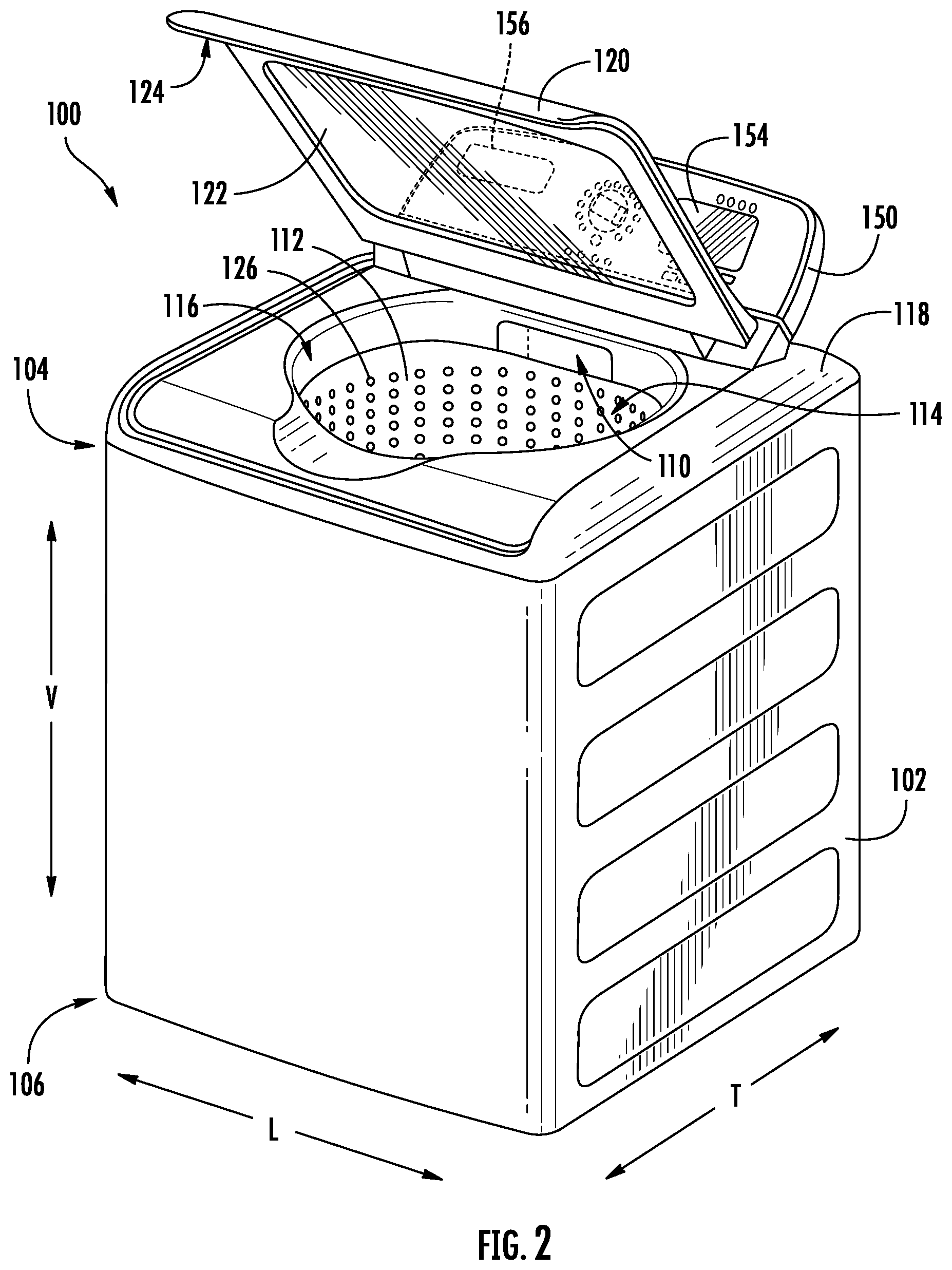 Patent US12618187 Figure 2 – Restrictor ring for an agitator of a washing machine appliance