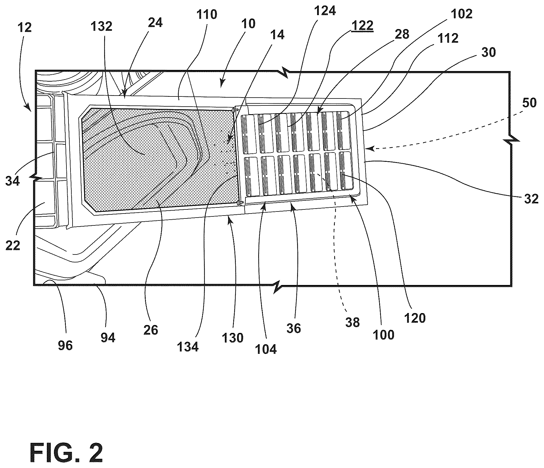 Patent US12618189 Figure 2 – Lint filter for laundry appliance having a closable filtering space for capturing lint particles
