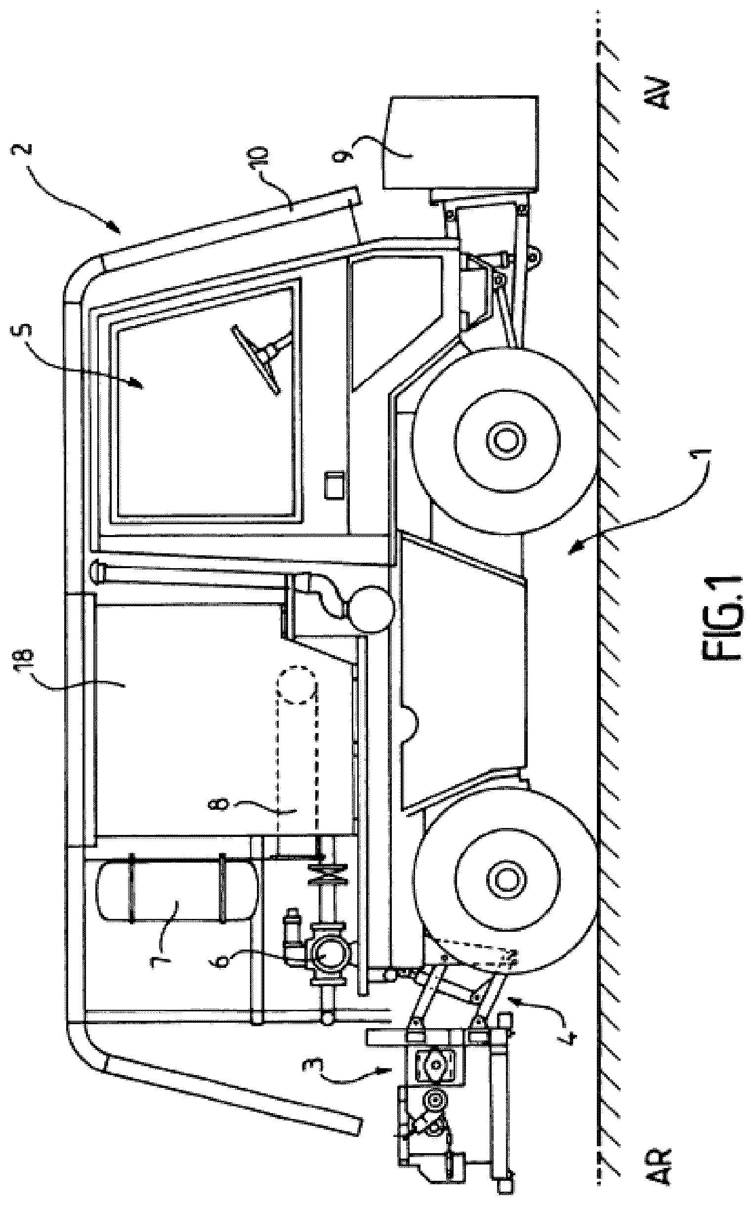 Patent US12618202 Figure 1 – Method for renovating a roadway and machine for simultaneous spreading of fibres and bitumen emulsion