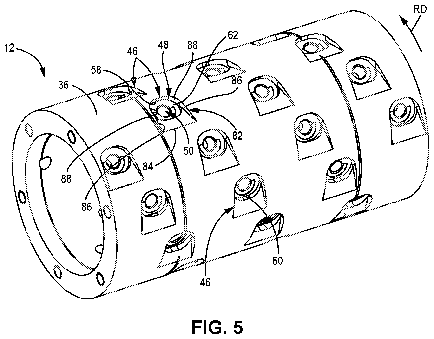 Patent US12618205 Figure 7 – Pavement grinding drum having modular bit mountings
