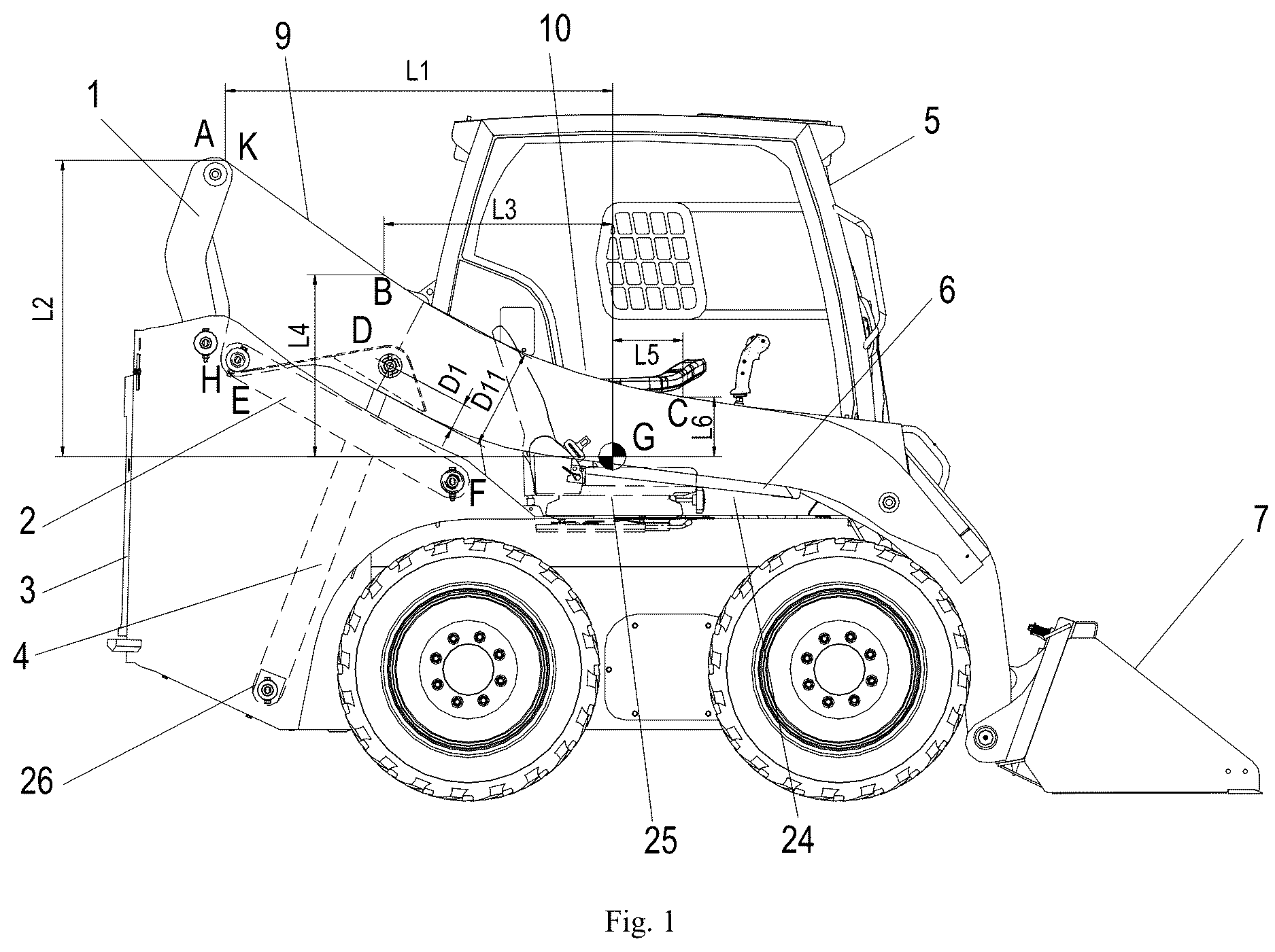Patent US12618220 Figure 1 – Operation device of skid-steer loader, and skid-steer loader