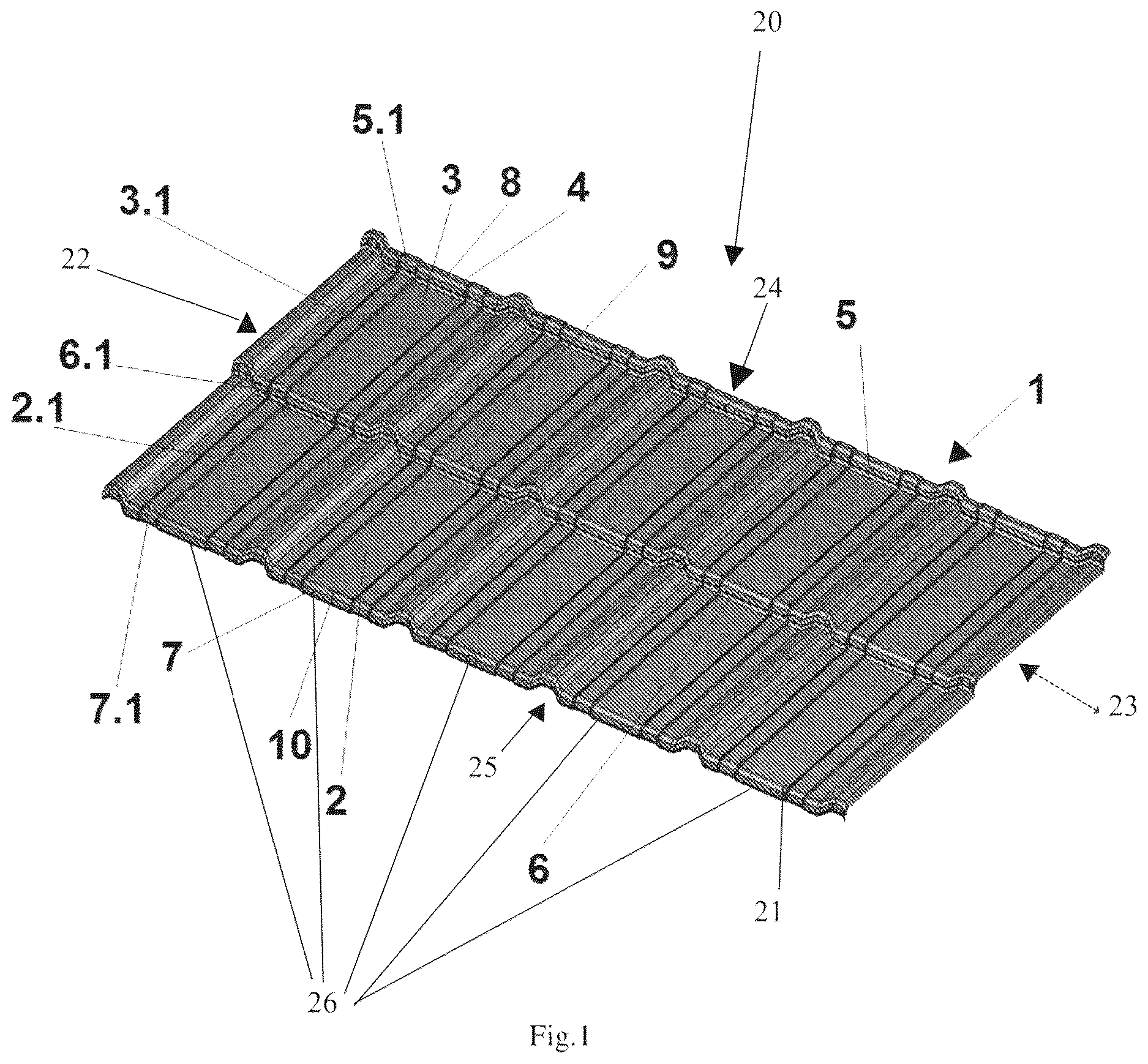 Patent US12618239 Figure 1 – Roof covering element, modular roofing sheet