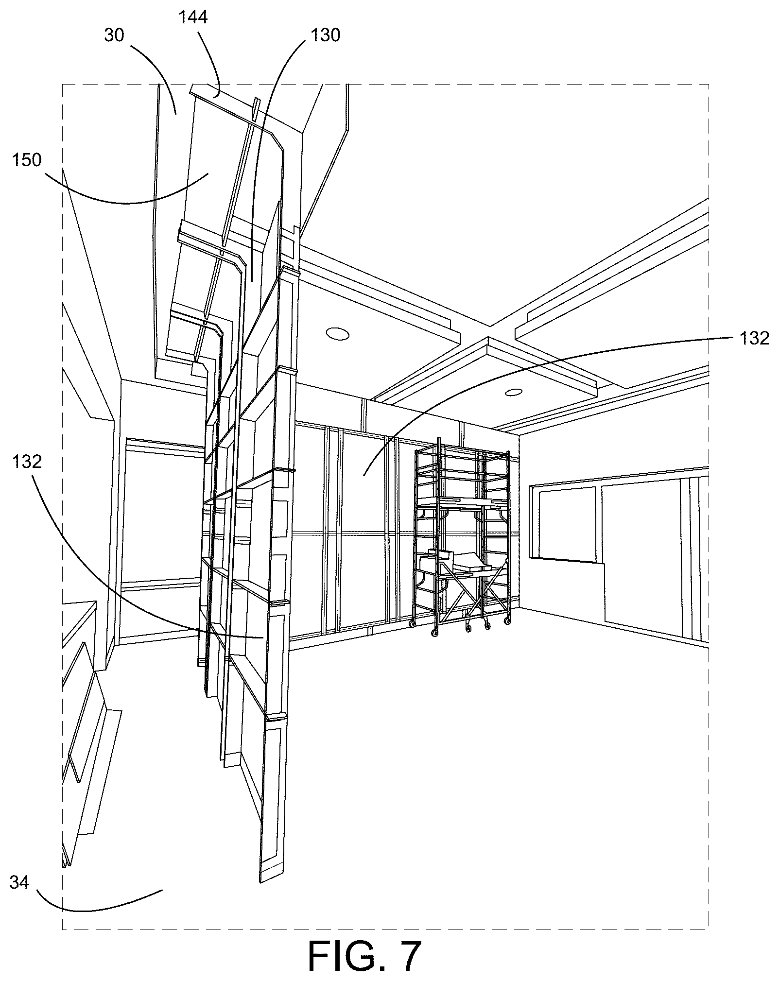 Patent US12618250 Figure 7 – Temporary protective wall partition barrier system for use during construction and demolition