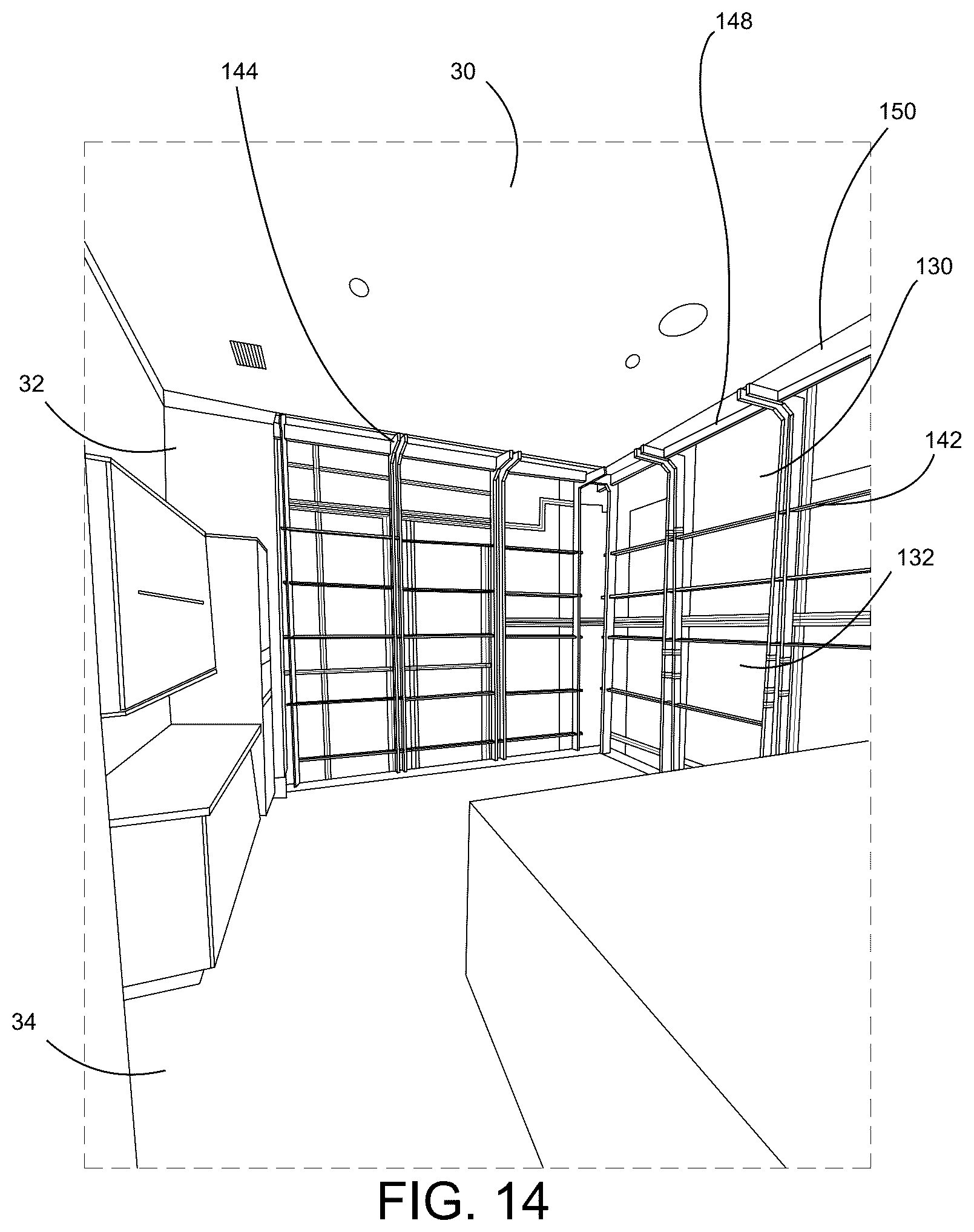 Patent US12618250 Figure 14 – Temporary protective wall partition barrier system for use during construction and demolition