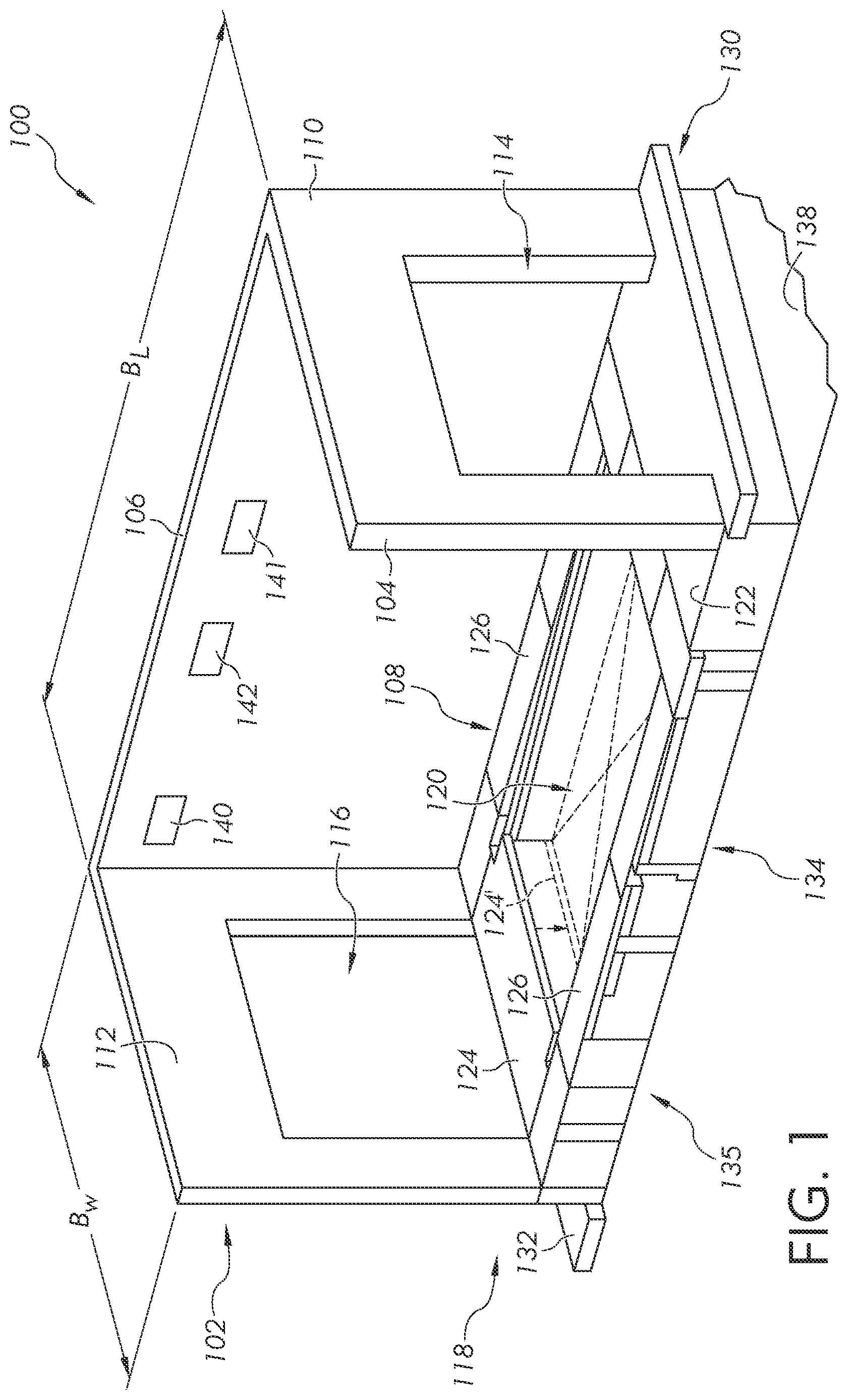 Patent US12618254 Figure 1 – Parking bays having a sloped floor, and parking apparatuses and parking systems including same