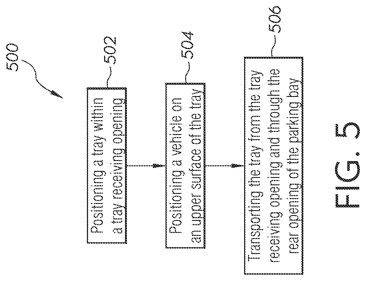 Patent US12618254 Figure 8 – Parking bays having a sloped floor, and parking apparatuses and parking systems including same