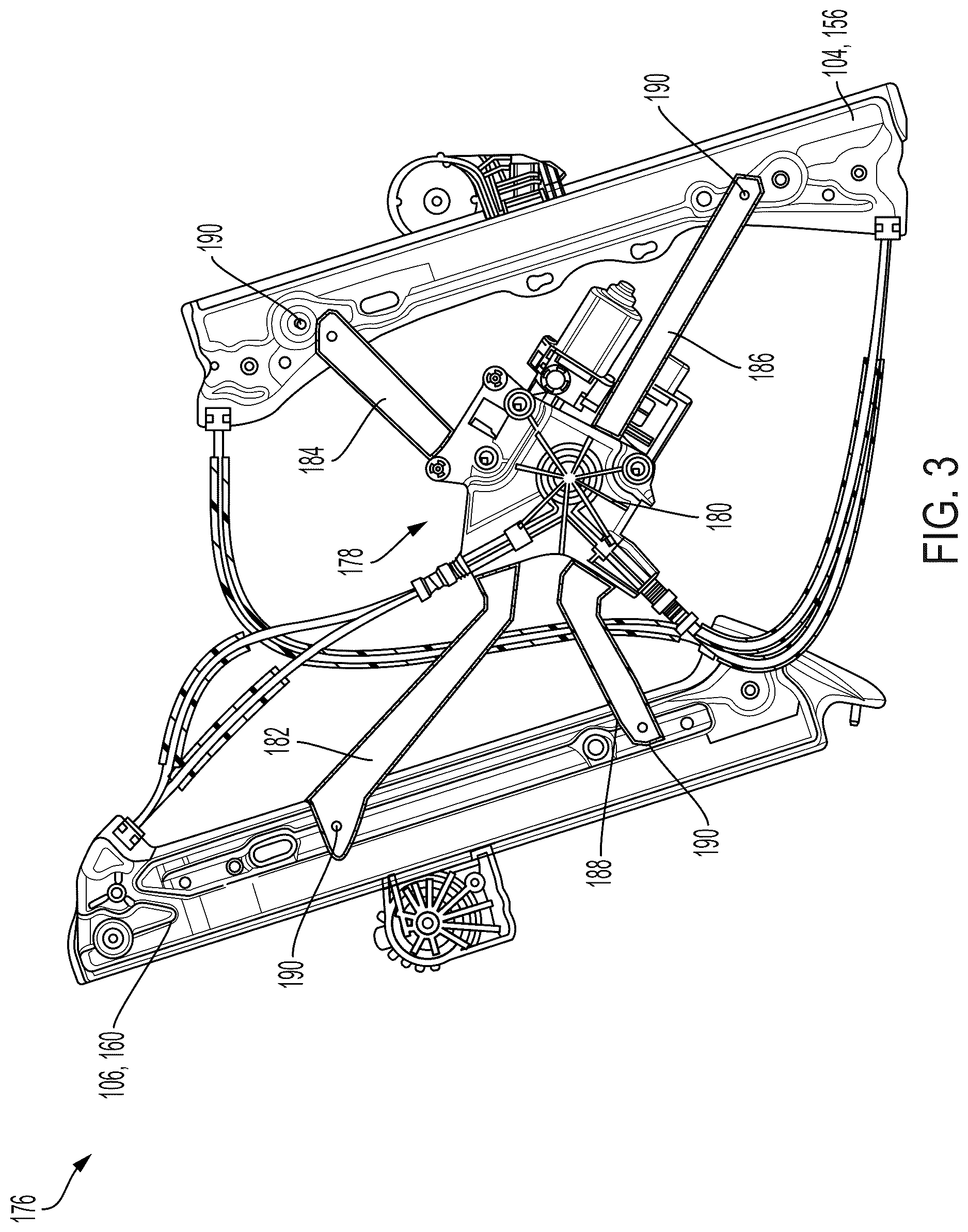 Patent US12618280 Figure 5 – Rigid window regulator for automated installation