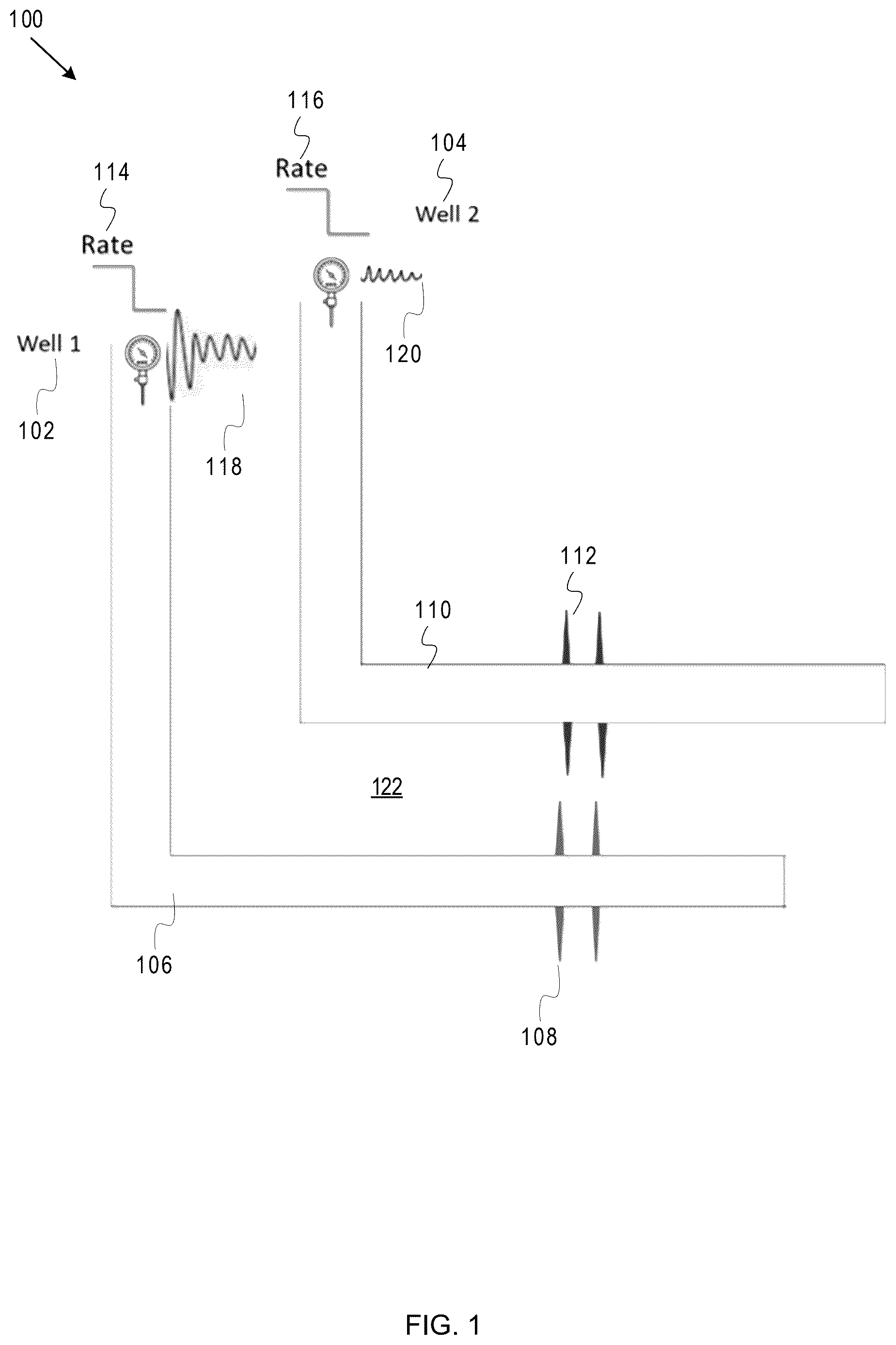 Patent US12618313 Figure 1 – Subsurface condition detection using tube waves in a multi-well system