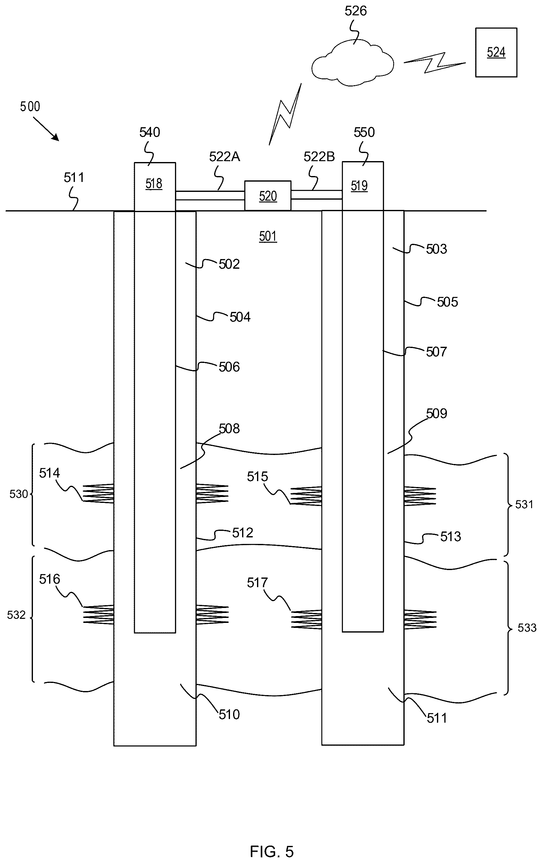Patent US12618313 Figure 5 – Subsurface condition detection using tube waves in a multi-well system