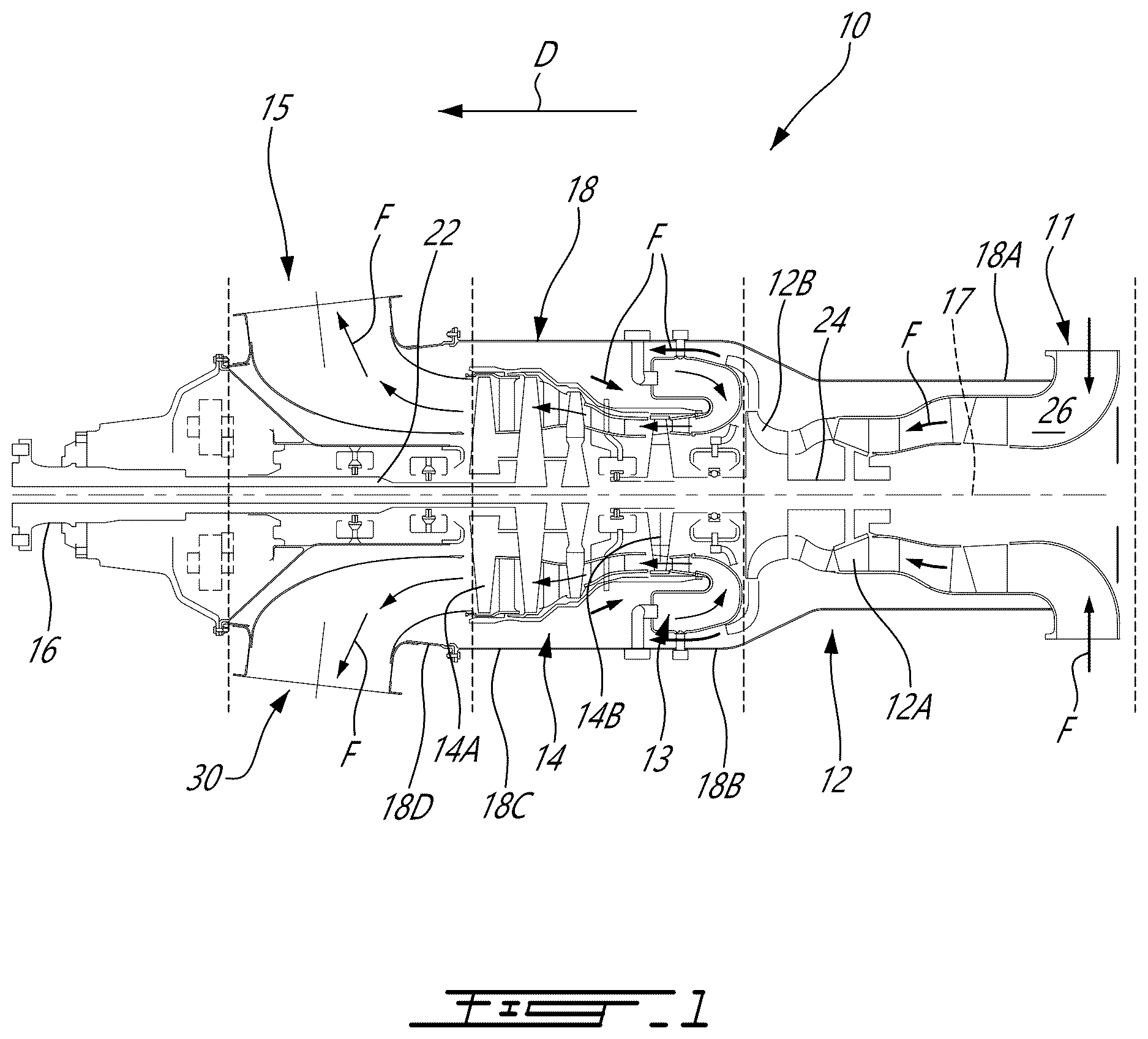 Patent US12618342 Figure 1 – Turbine exhaust case with stiffening brace