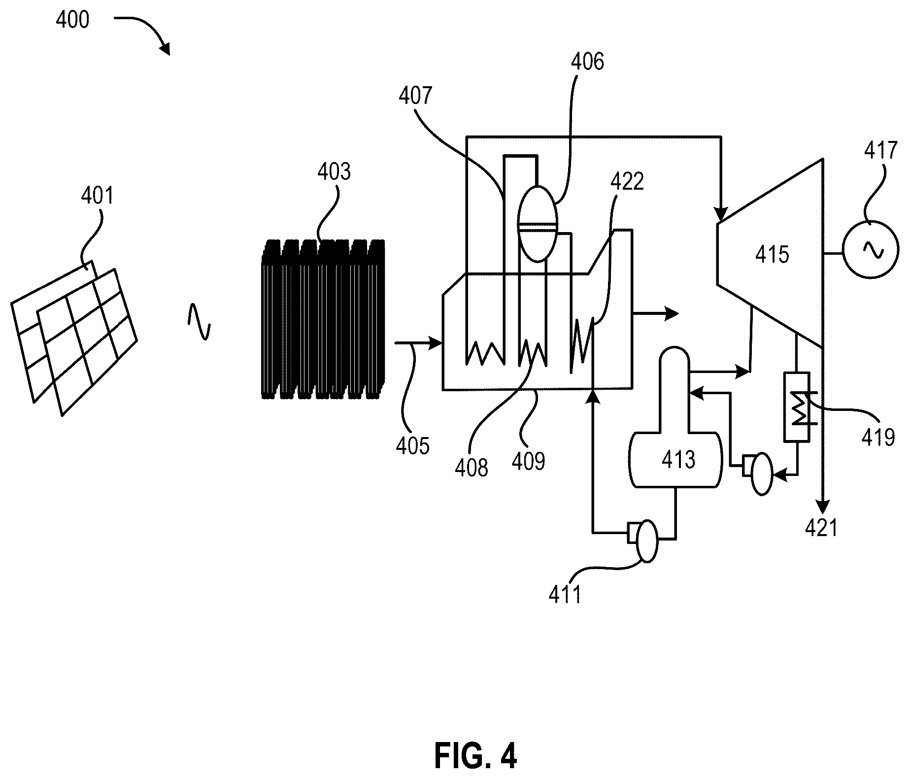 Patent US12618343 Figure 4 – Thermal energy storage system with a heat pump for improved efficiency