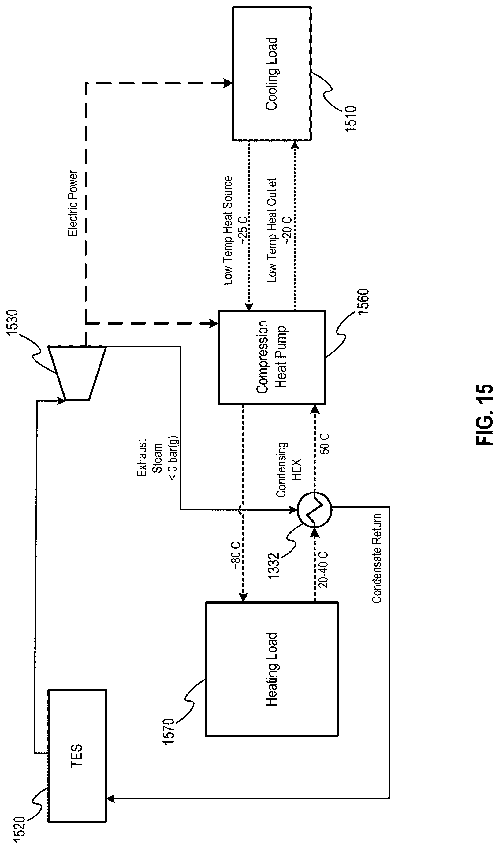 Patent US12618343 Figure 15 – Thermal energy storage system with a heat pump for improved efficiency