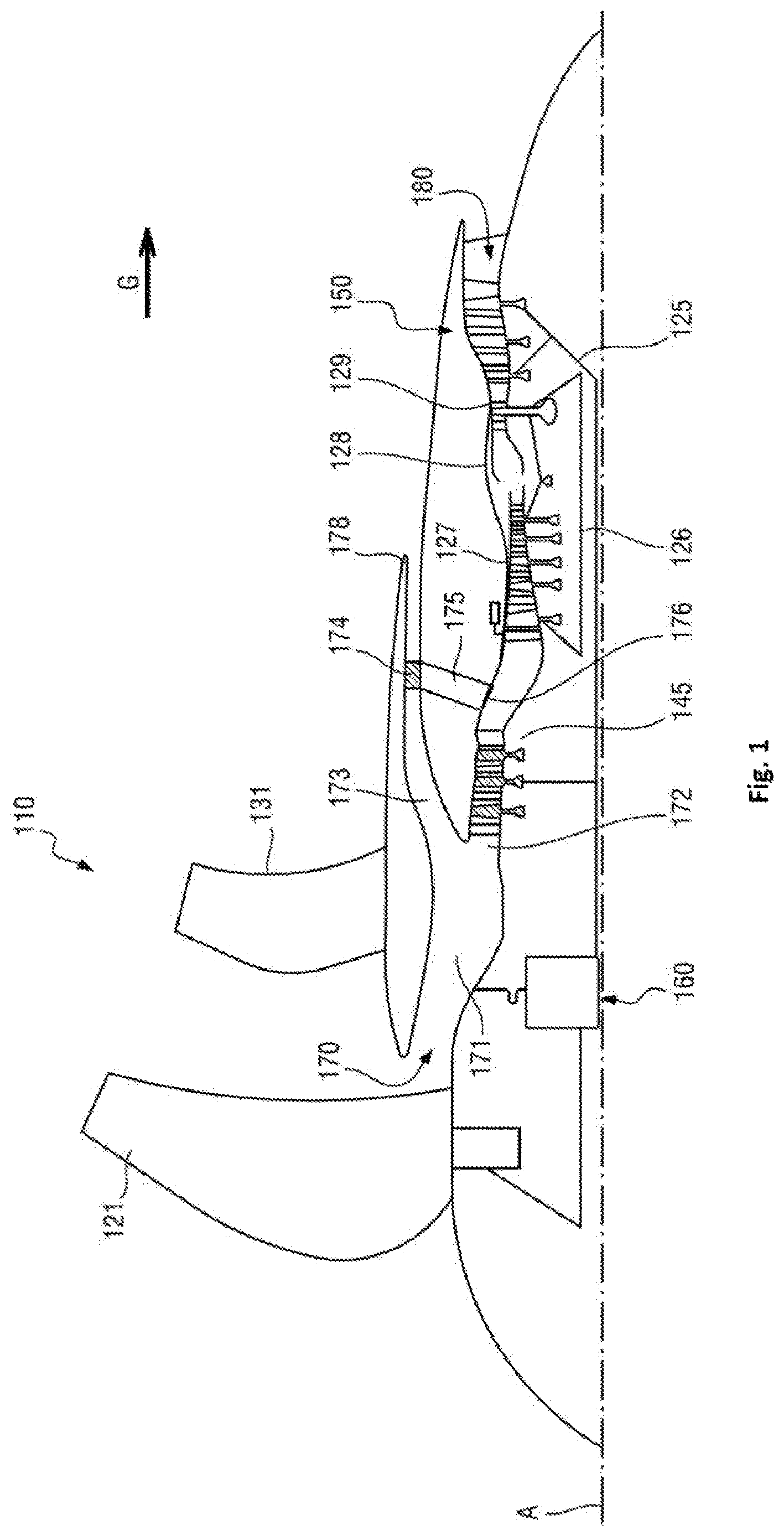 Patent US12618377 Figure 1 – Unducted propeller gas turbine comprising a cooling air channel and a variable bleed valve ejection channel