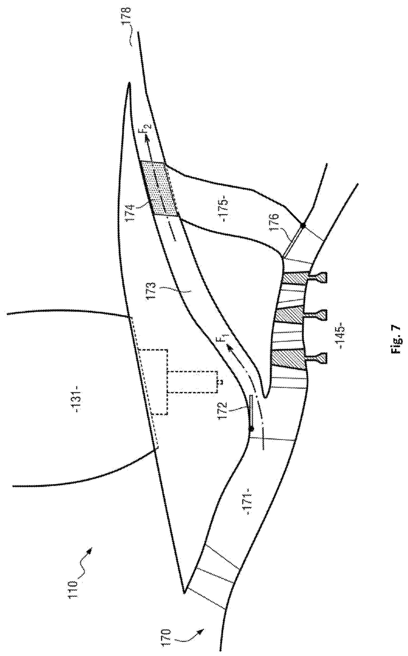Patent US12618377 Figure 7 – Unducted propeller gas turbine comprising a cooling air channel and a variable bleed valve ejection channel