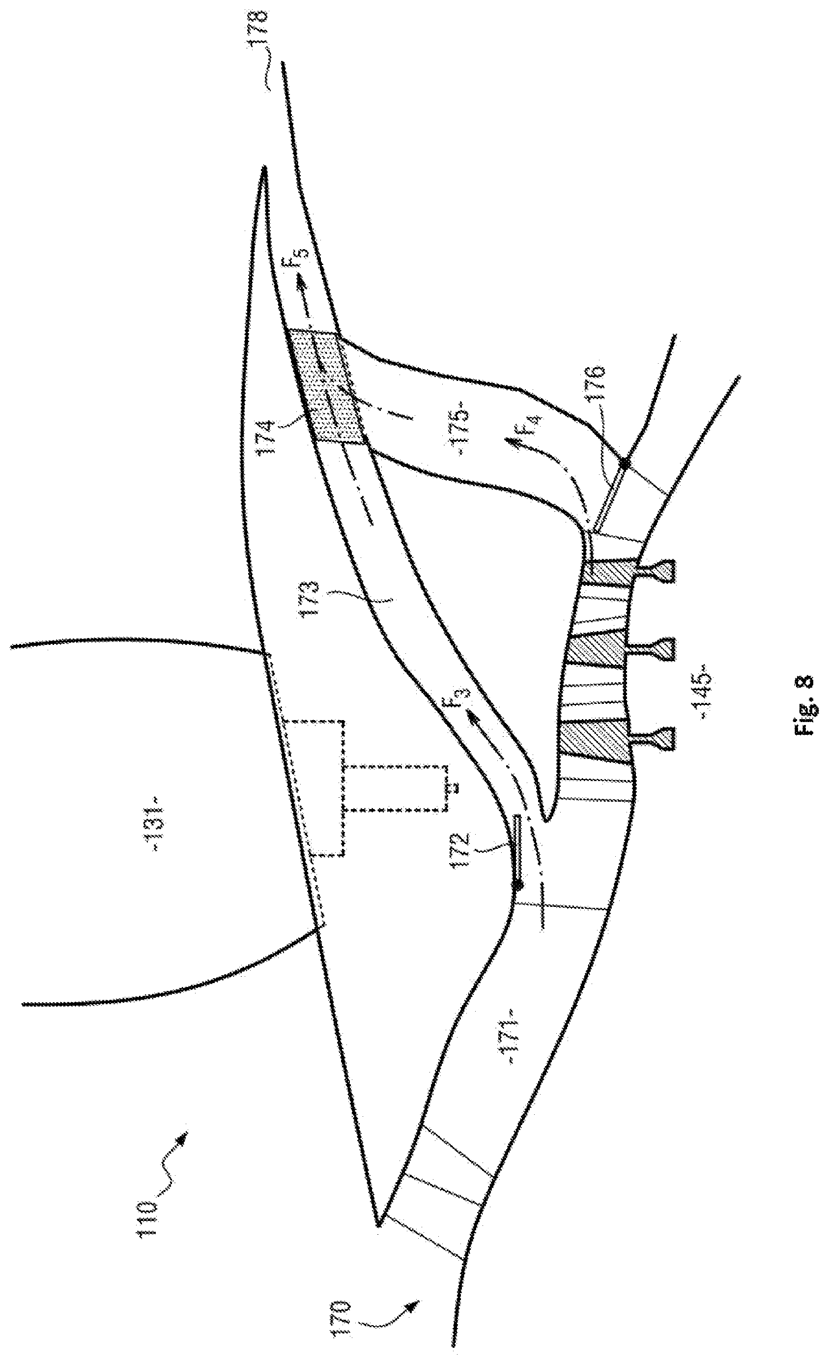 Patent US12618377 Figure 8 – Unducted propeller gas turbine comprising a cooling air channel and a variable bleed valve ejection channel