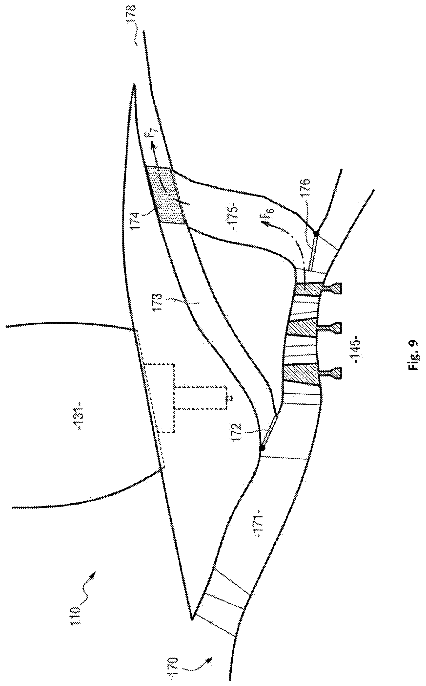 Patent US12618377 Figure 9 – Unducted propeller gas turbine comprising a cooling air channel and a variable bleed valve ejection channel