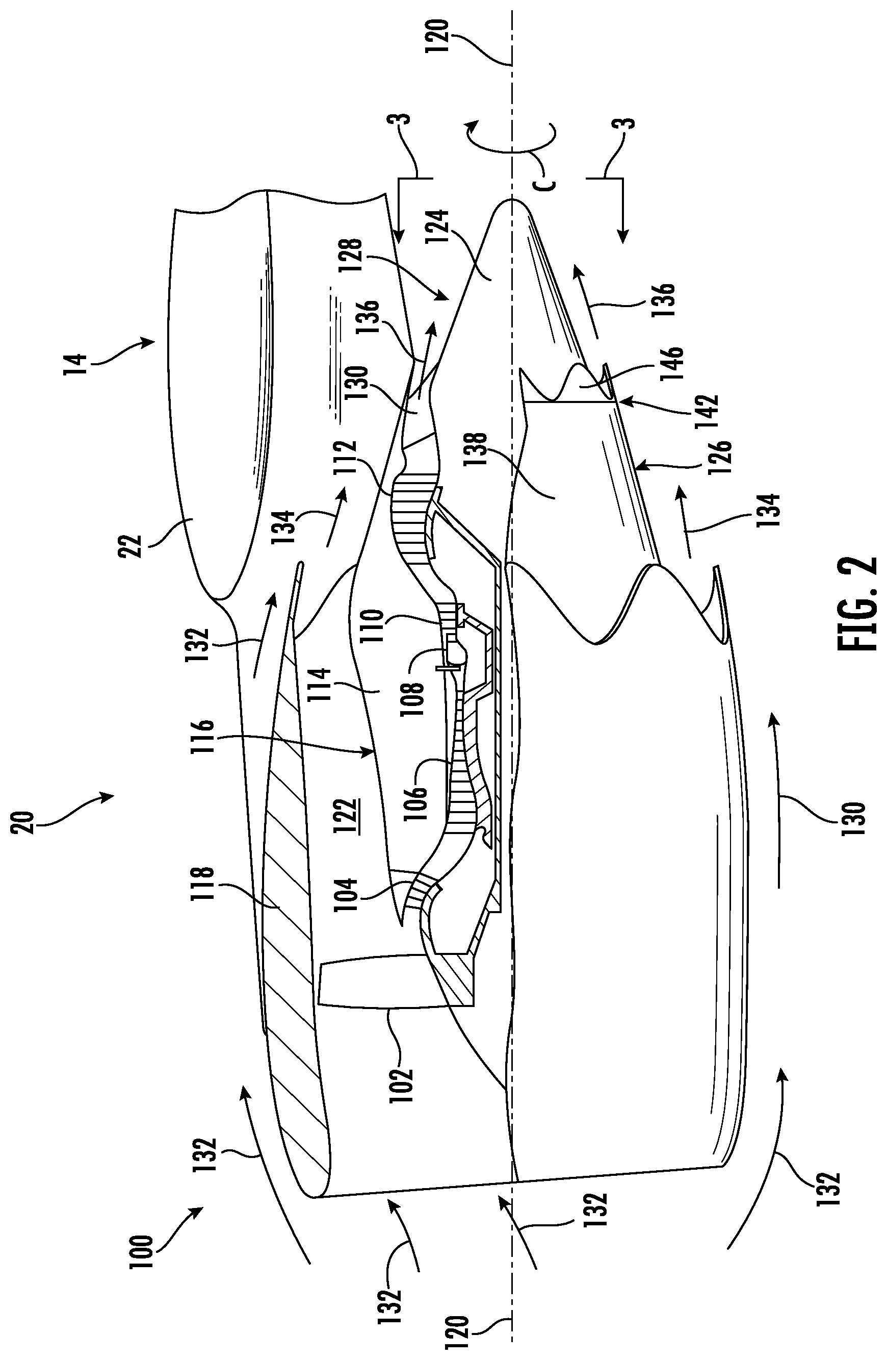 Patent US12618381 Figure 2 – Gas turbine exhaust nozzle noise abatement