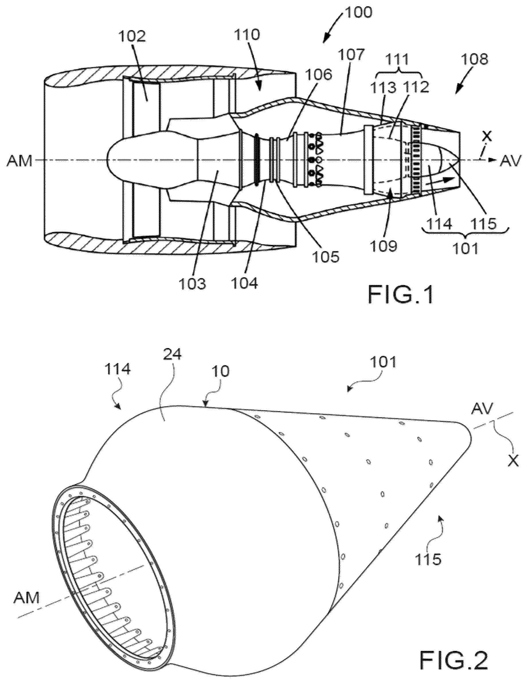 Patent US12618383 Figure 1 – Assembly for an exhaust cone of an aircraft turbomachine