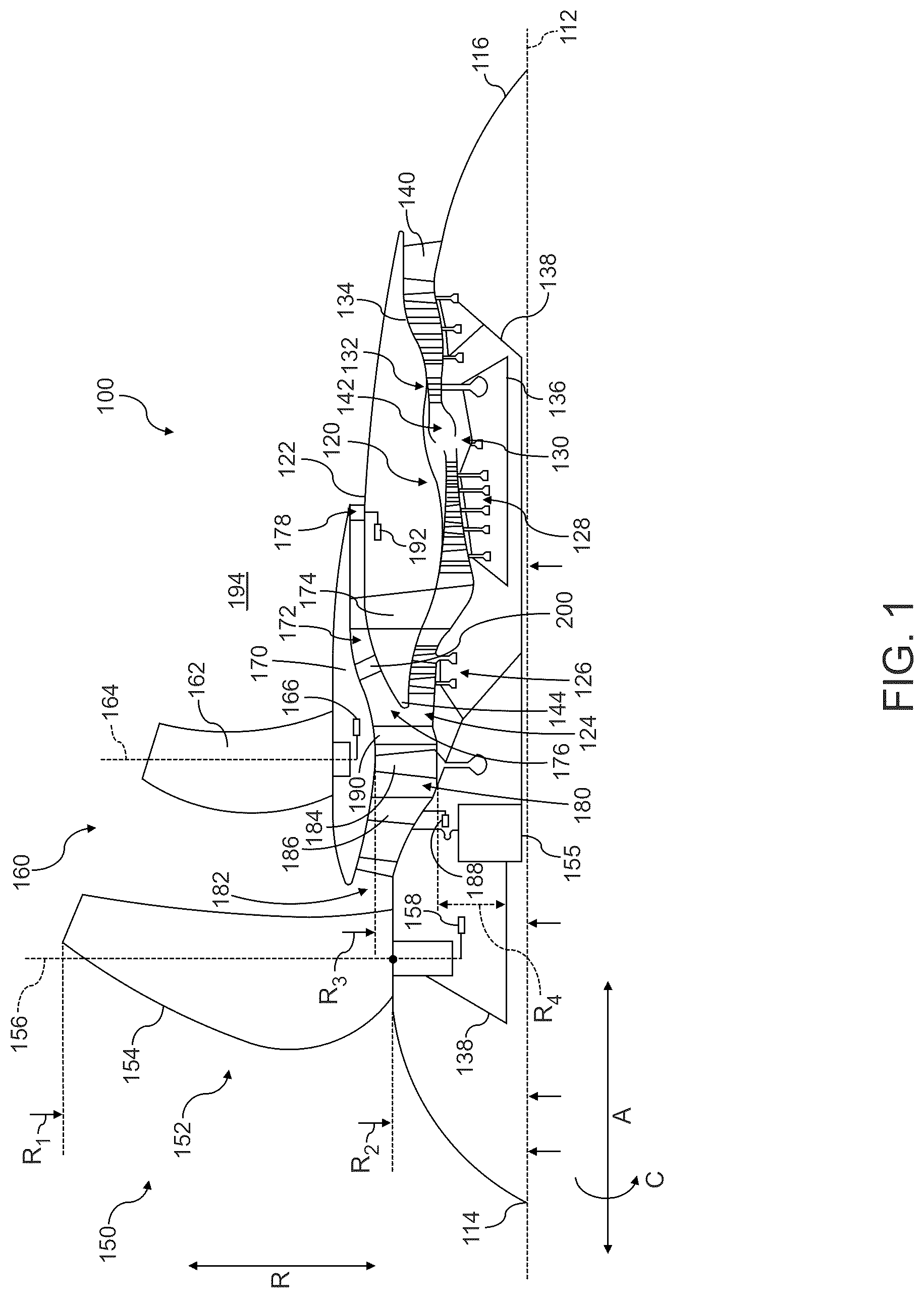 Patent US12618384 Figure 1 – Gas turbine engine having a bypass passage, a fan duct, and a core duct