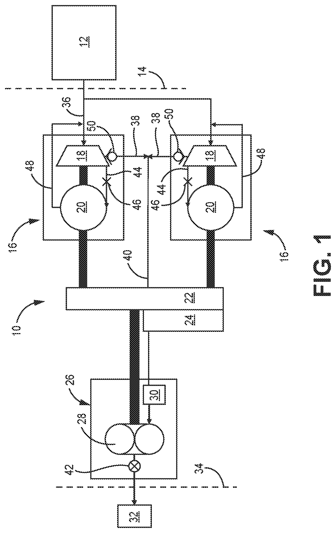 Patent US12618410 Figure 1 – Fuel system with electric generator integrated boost stage