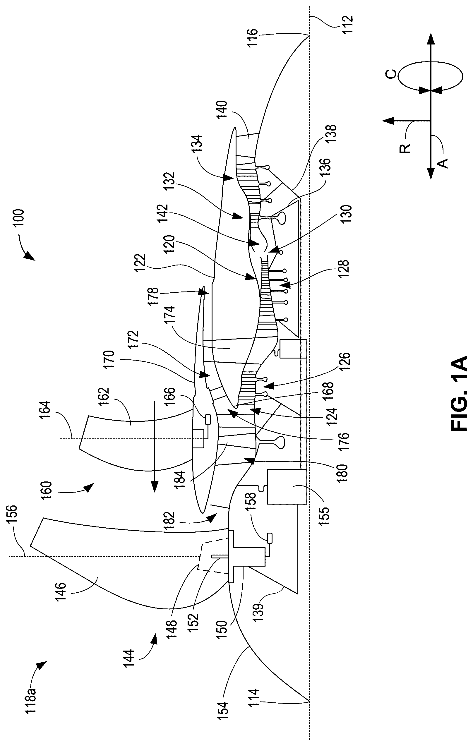 Patent US12618416 Figure 1 – Trunnions having multiple fan blades for use with an aircraft engine